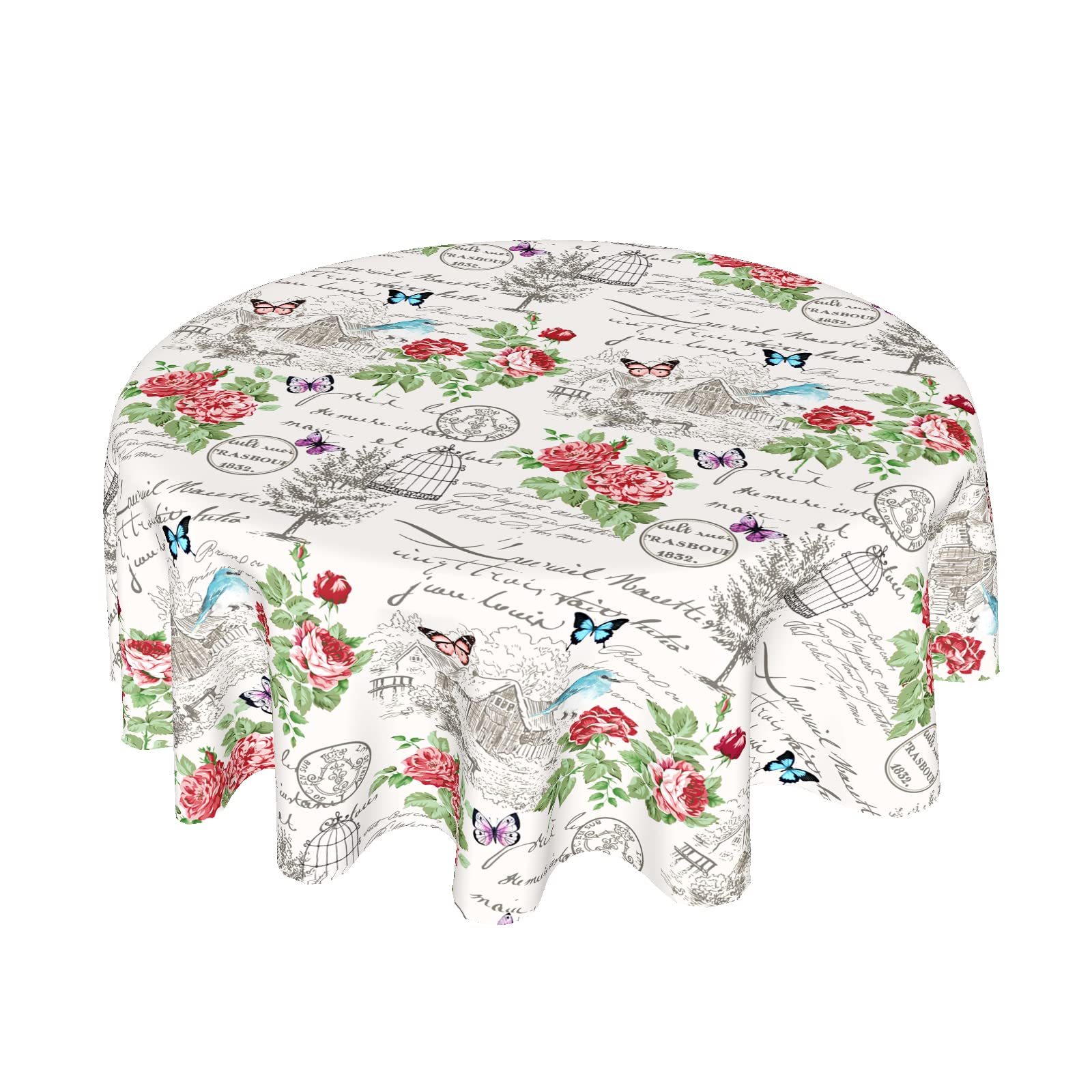 Photo 1 of ***BUNDLE OF 2*** Spring Summer Floral Round Tablecloth 60 Inch Vintage Flower Butterfly Bird Table Cloth Elegant Rustic Farmhouse Polyester Table Cover Round Outdoor Tablecloth Decorative For Kitchen Dining Party