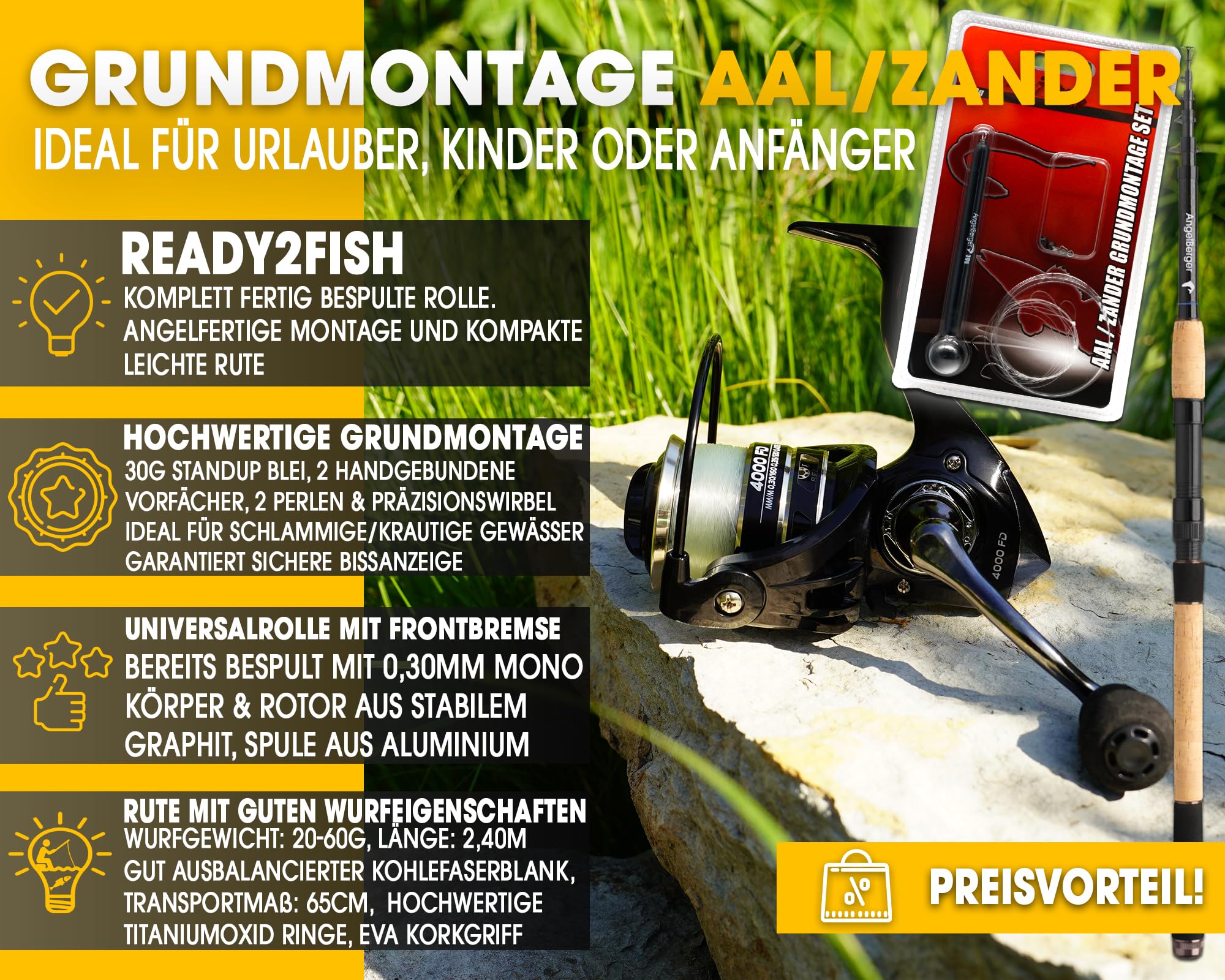 Angel Berger Tele Angelset Grundmontage Rute Rolle Angelzubehör Köderfischmontage Ready2Fish Fishing Set Dead Bait Grundangel Angelset Köderfischangeln