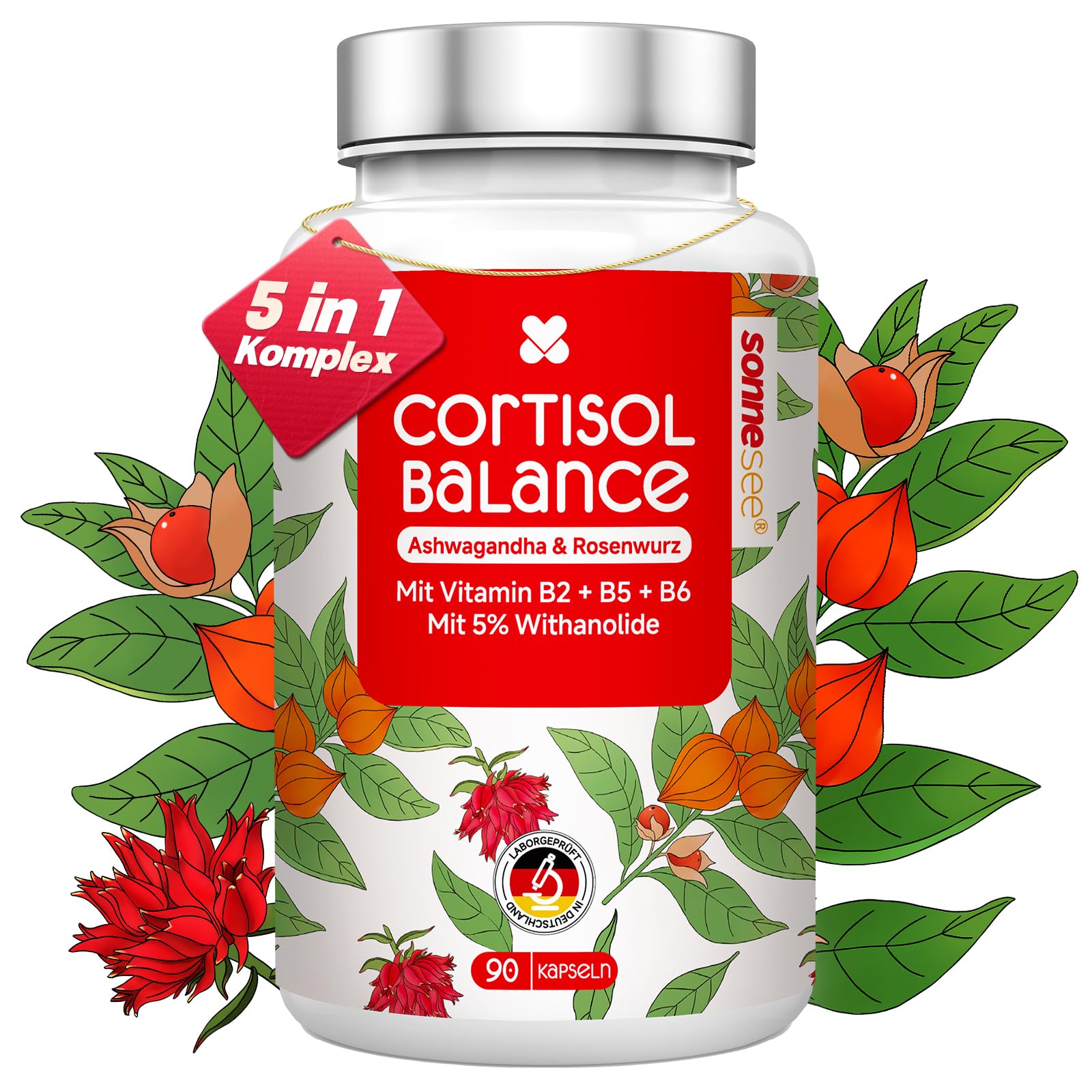 Cortisol Balance 5 in 1 Ashwagandha & Rhodiola Rosea pro Tag 600mg Komplex hochdosiert Kapseln mit Vitamin B5, B2, B6 Vegen