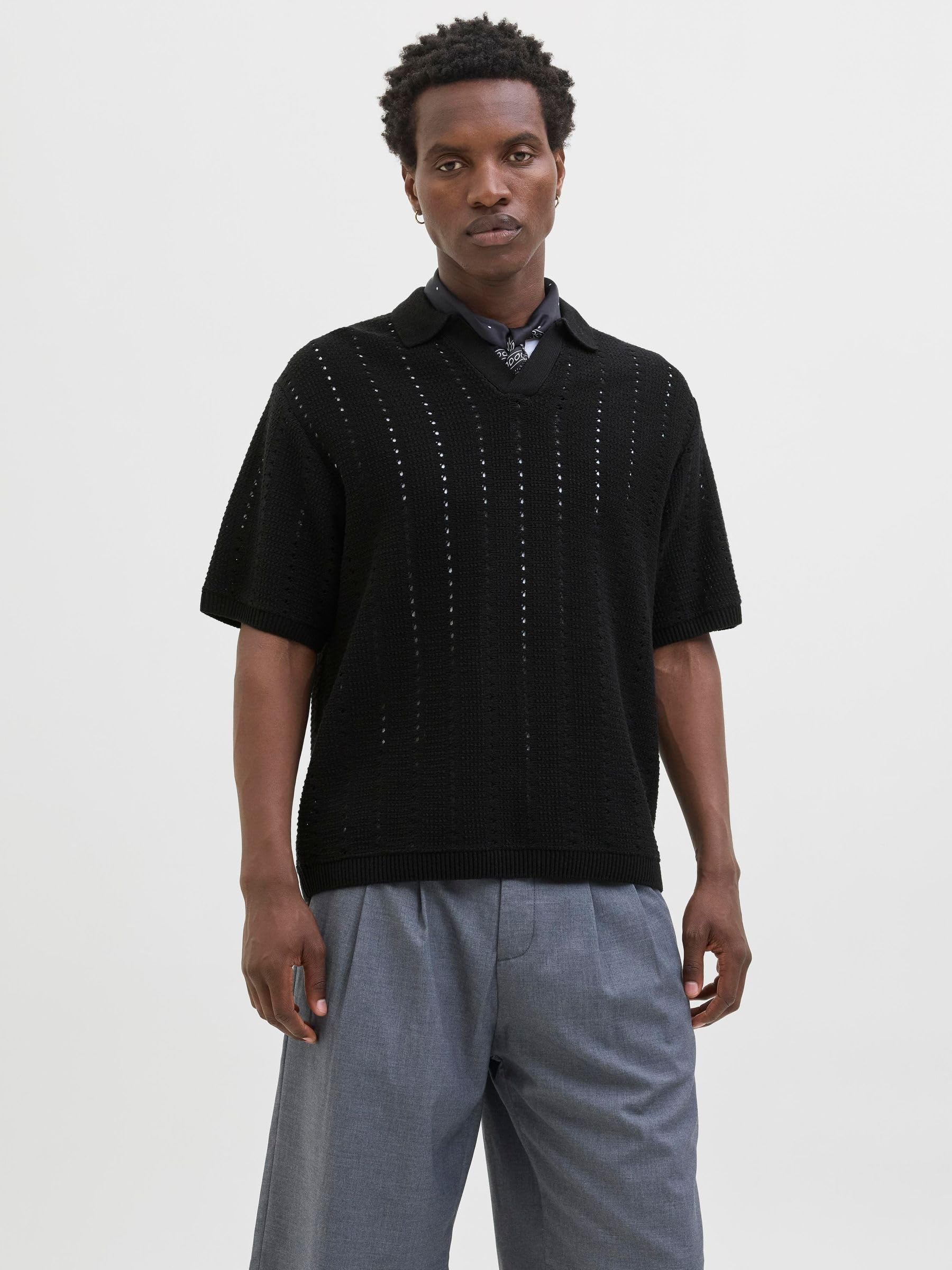 Jack & Jones Jorparos Knit Easter Ss Crochet Polo, czarny, M