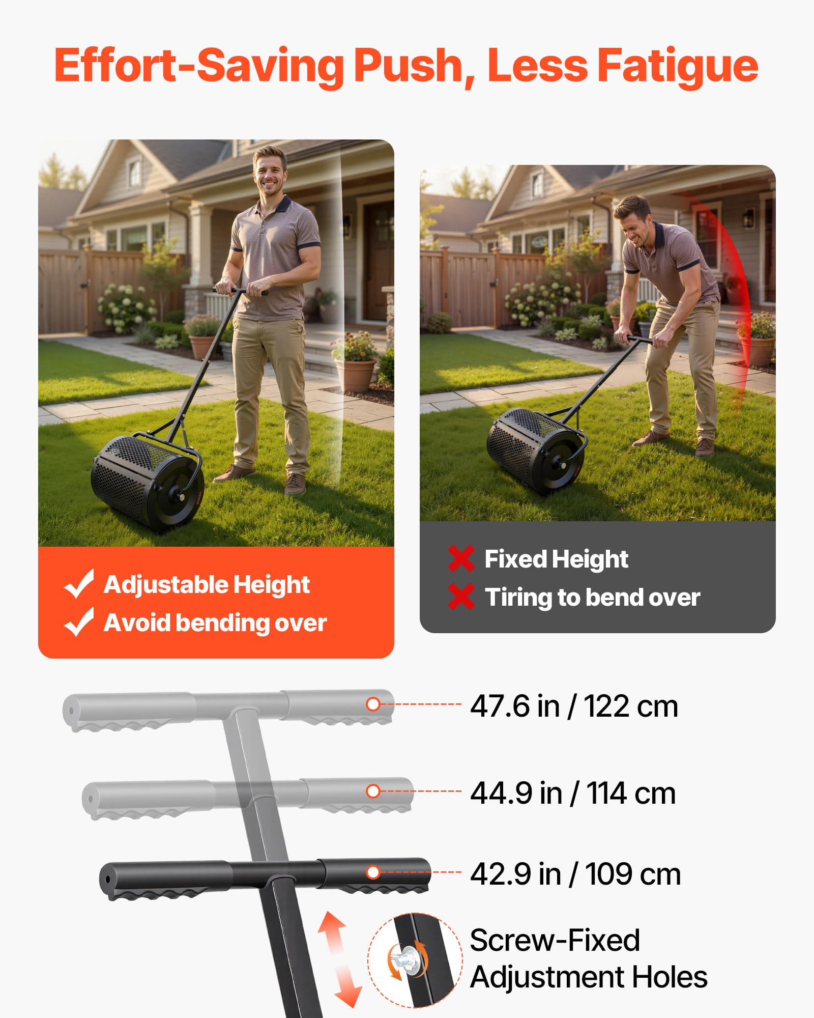 VEVOR Rouleau Épandeur à Compost 42 cm Épandeur Mousse de Tourbe à Rouleau Treillis pour Épandage Gazon Fumier Sel de Déneigement, avec Poignée en T, 3 Hauteurs Réglables, en Acier Thermolaqué, Noir