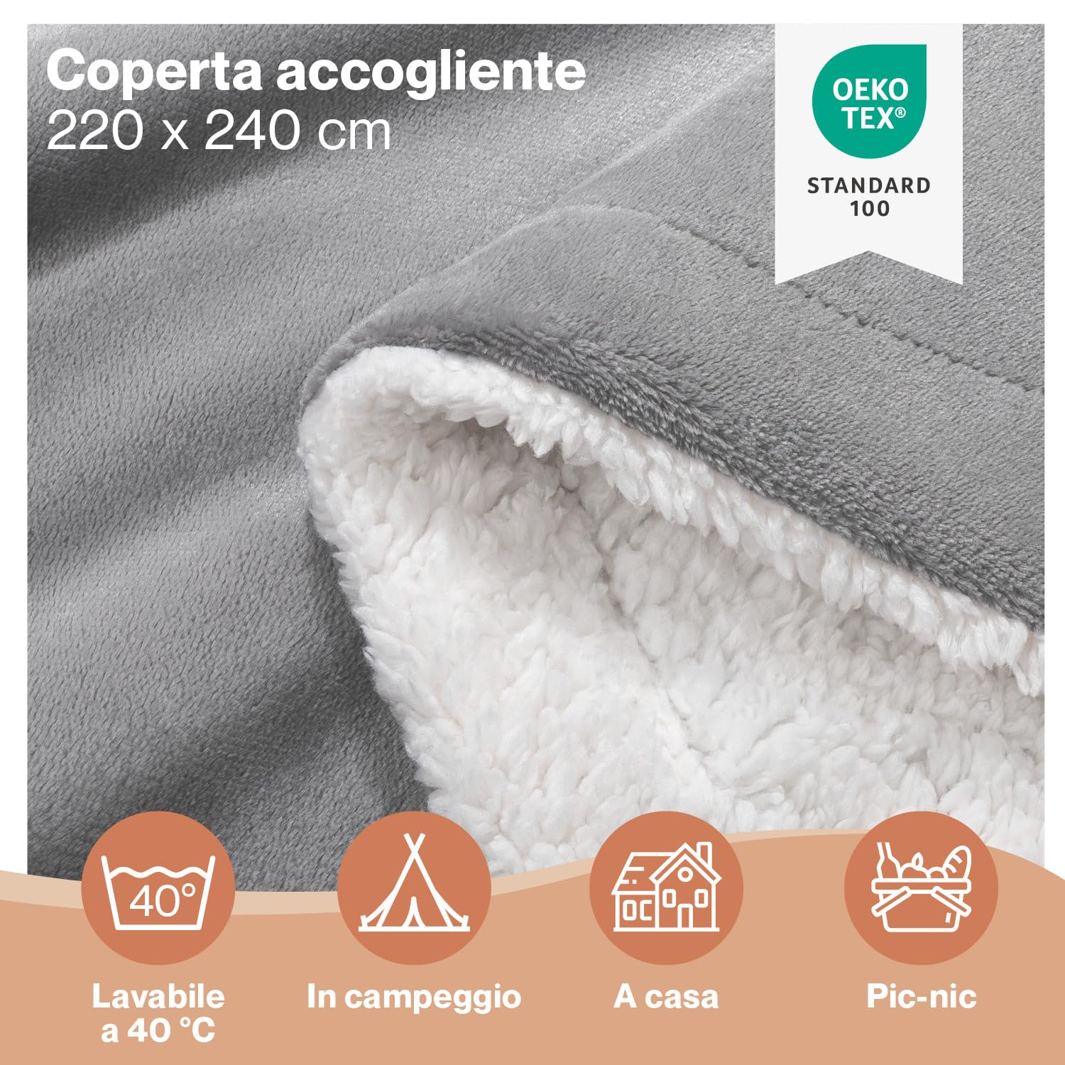 Blumtal Coperta Matrimoniale Sherpa - Coperta Pile - Plaid Divano Super Morbida - Coperta Plaid Matrimoniale Sherpa di Alta Qualità Certificata OKEO-Tex - 220 x 240 cm - Grigio