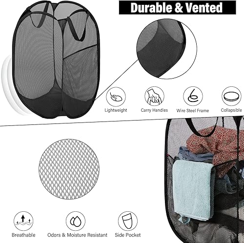 Miniatura 2 de BATTOO Cesta de lavandería desplegable de malla fuerte de lujo con bolsillo lateral para lavandería, baño, habitación de los niños, dormitorio