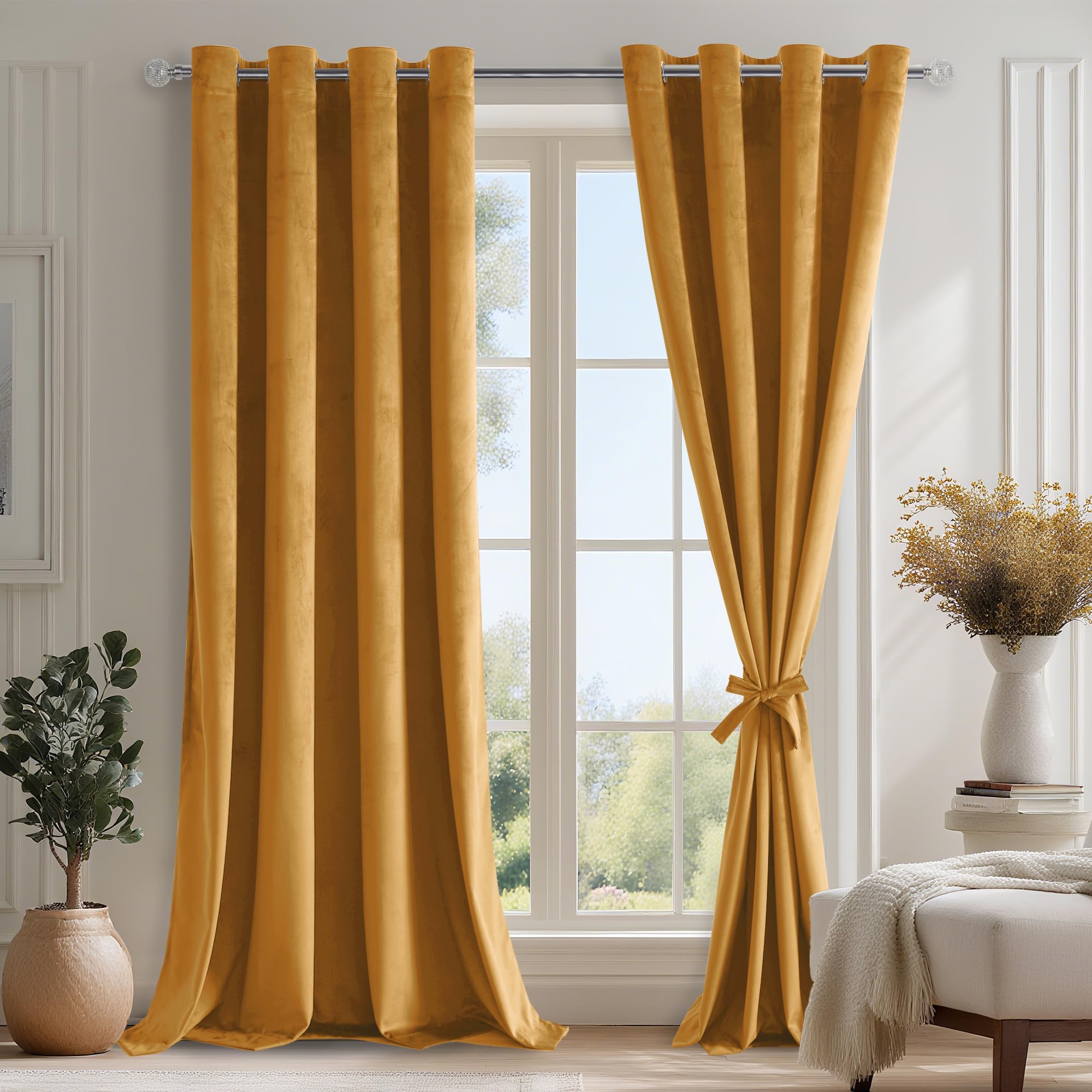 DWCN Cortinas De Salón De Amarillo Mostaza De Terciopelo, Juego De 2, H280 X 140 cm, Cortinas De Terciopelo Suave con Lazos para Cortinas, Cortinas Pesadas Opacas con Ojales para Protección contra El