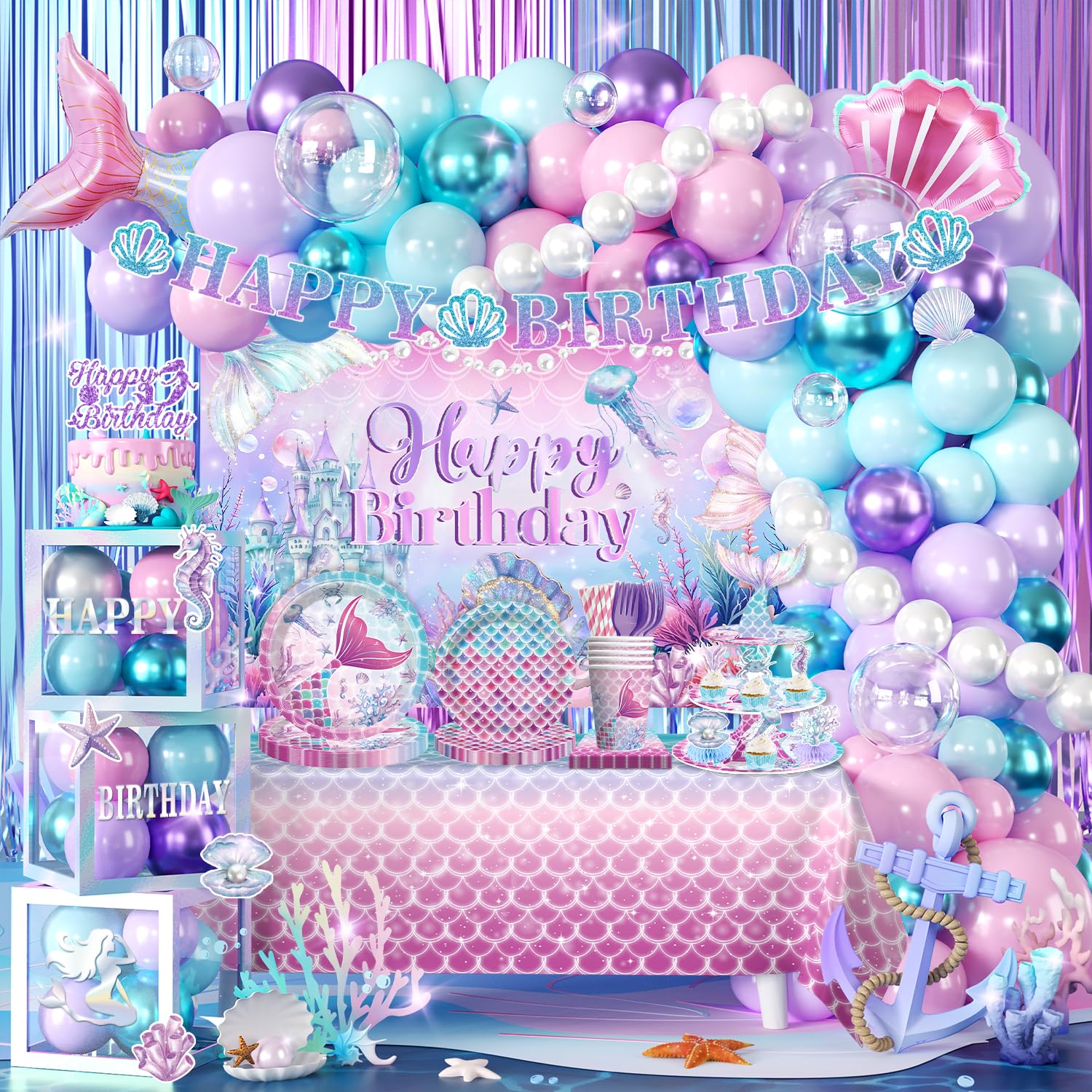 Photo 1 of 295Pcs Mermaid Birthday Decorations Serve 25, Mermaid Party Decorations Include Balloon Garland Arch, Plates, Tablecloth, Cake Topper, Cupcake Stand, Cupcake Toppers, for Under The Sea Party