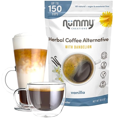 Nummy Creations Alternativa al café de hierbas instantáneo de vainilla con diente de león. Sabor de café de cuerpo completo, sin cafeína, totalmente