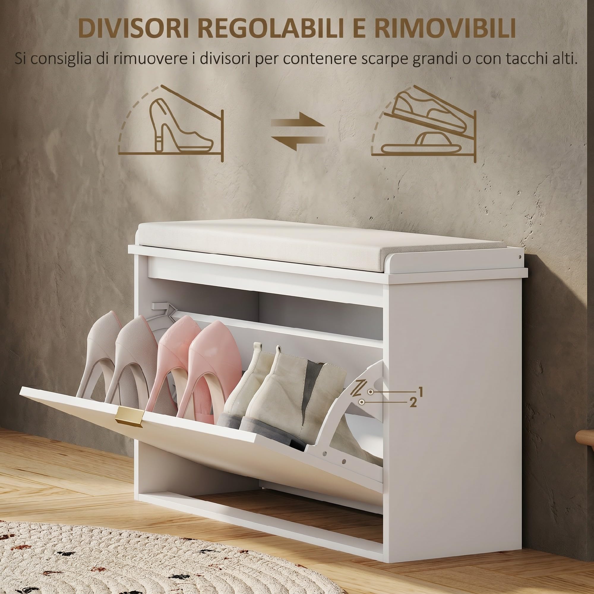 HOMCOM Panca Scarpiera Ripiano Regolabile, 80x26x47.5 cm, Bianco e Beige | Ripiano Interno Rimovibile, Mobile Scarpiera, Legno Effetto Lino e Tessuto
