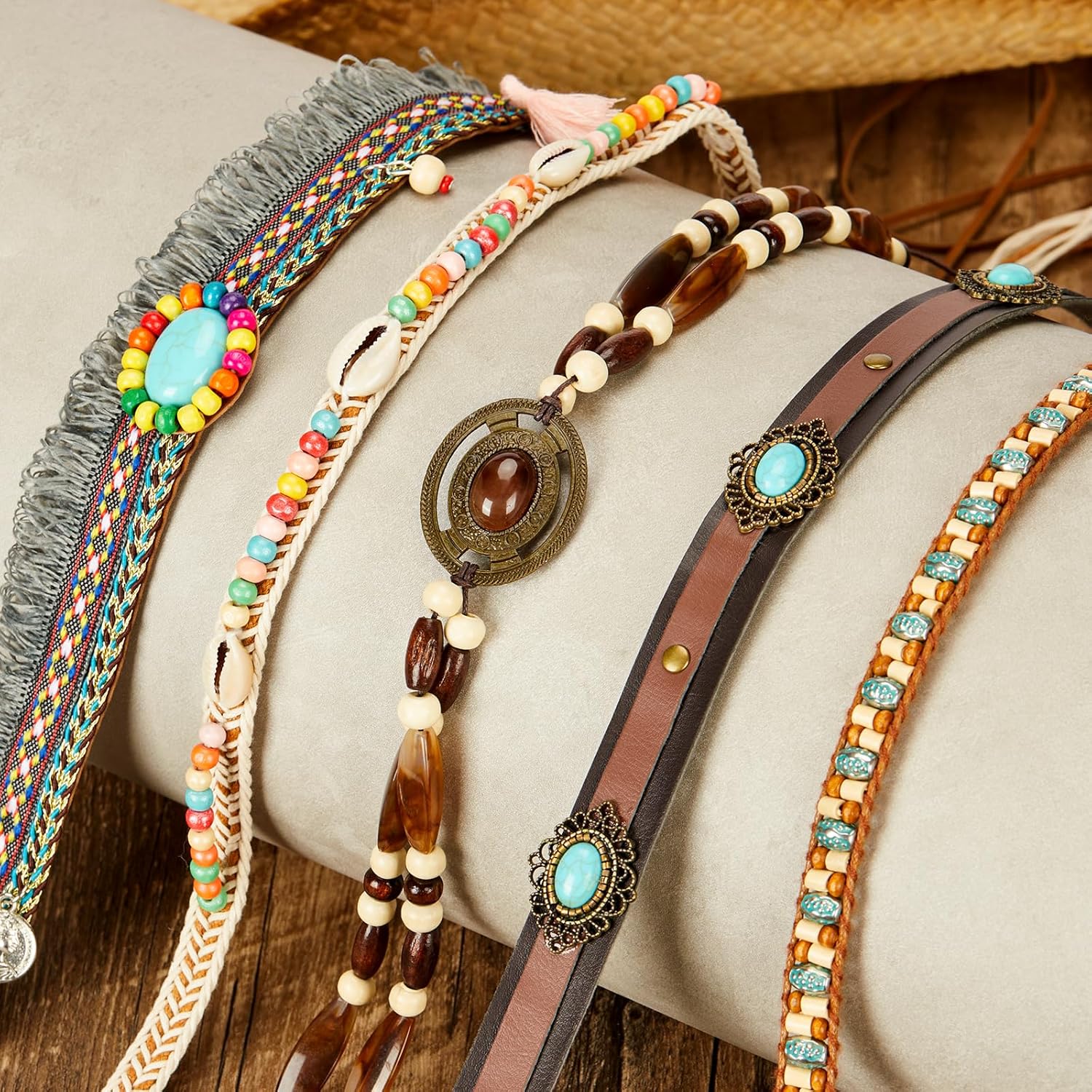 Straw Cowboy Hat for Women & Men Western Cowgirl Hat Woven Sun Hat Adjustable Decorative Cowboy Hats with 5 Detachable Decorative Bands for Party Beach Travel & Outdoor Brown - Image 3