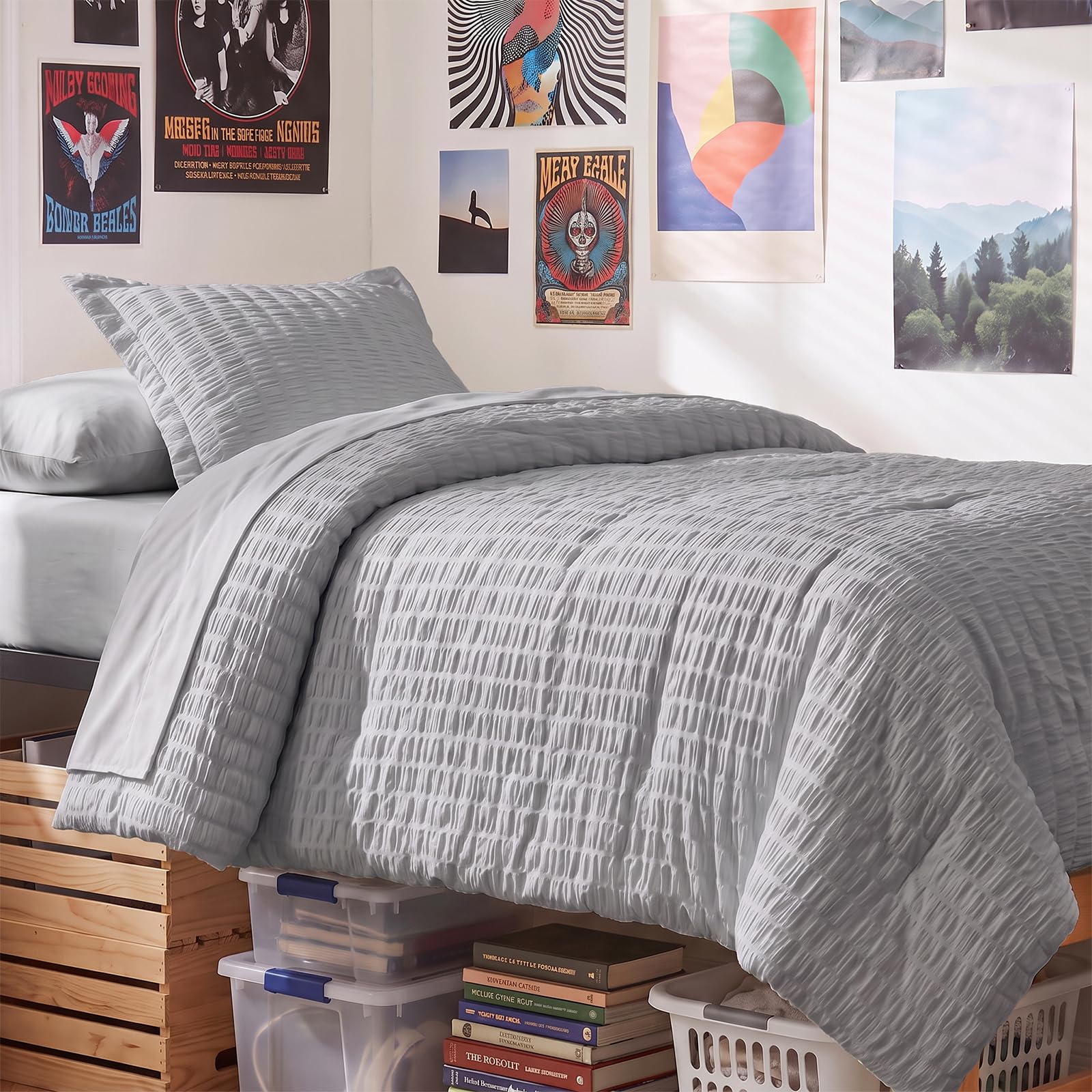 CozyLux Twin Comforter Set, 5 Pieces Grey Seersucker Bed in a Bag