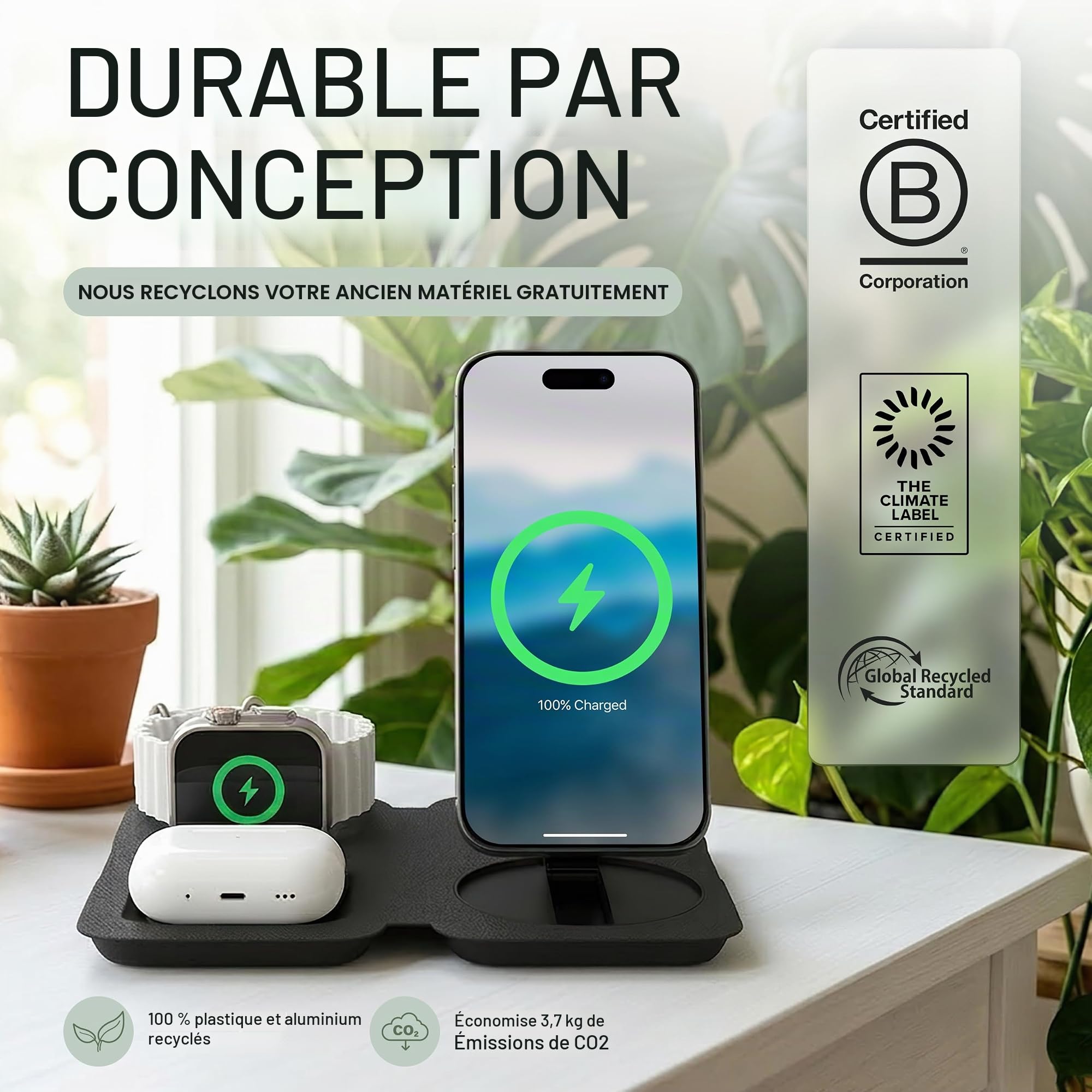 Nimble Station de charge sans fil pliable 3 en 1 pour iPhone et AirPods, support de charge Qi2 15 W compatible MagSafe, station de charge sans fil pour iPhone 17/16/15/14/13/12 (adaptateur 36 W et