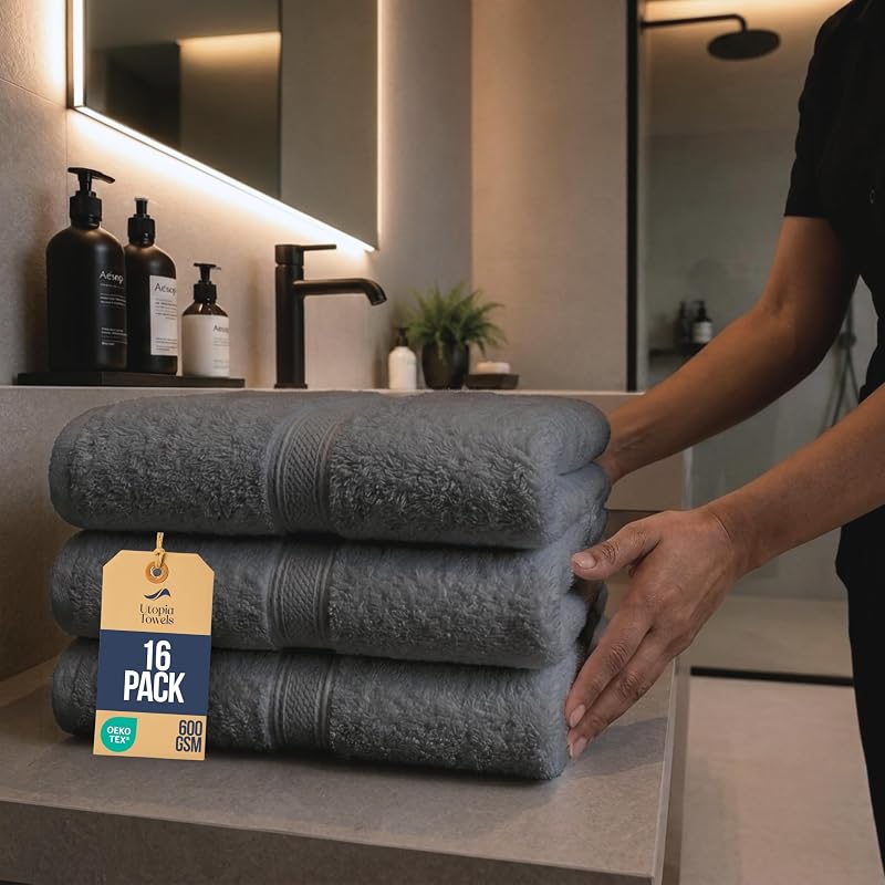 Paquete de 16 toallas de baño premium de hotel de calidad comercial (27 x 54 pulgadas), gris | Toallas de baño suaves y ligeras, 100 % algodón hilado en anillos, 600 g/m², alta absorción y secado rápido
