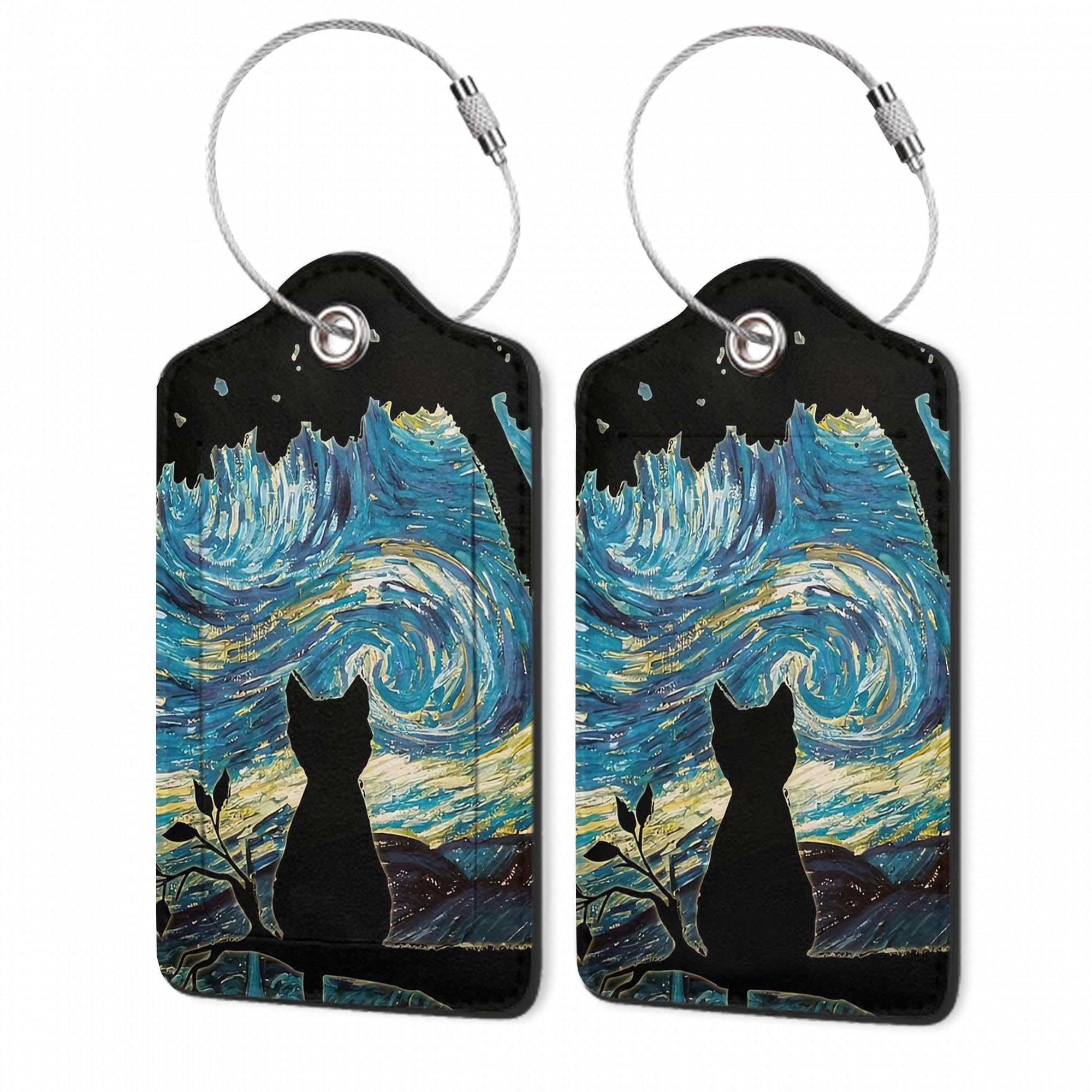 Luggage Tags,Black Cat Starry Night Cute Suitcase Tag with Privacy Flap & Name ID Label & Metal Loop,Luggage Tags for Women Men Baggage Handbag School