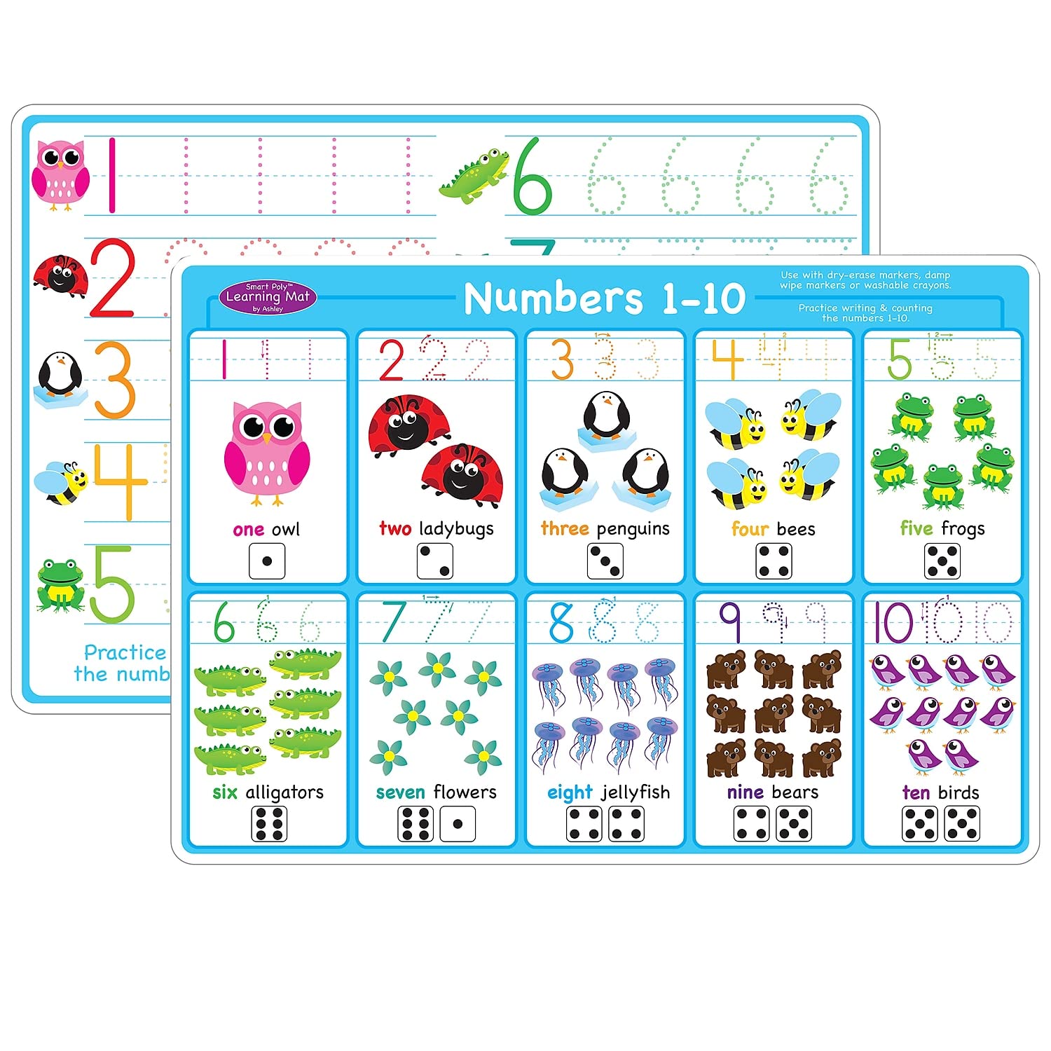 Ashley Productions Smart Poly 12" x 17" Numbers 1-10 Learning Mat, Double-Sided (ASH95023)