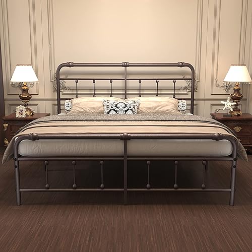 Debercu Cal-King - Marco de cama con cabecera y estribo, no necesita somier, base de colchón de plataforma metálica resistente victoriana vintage