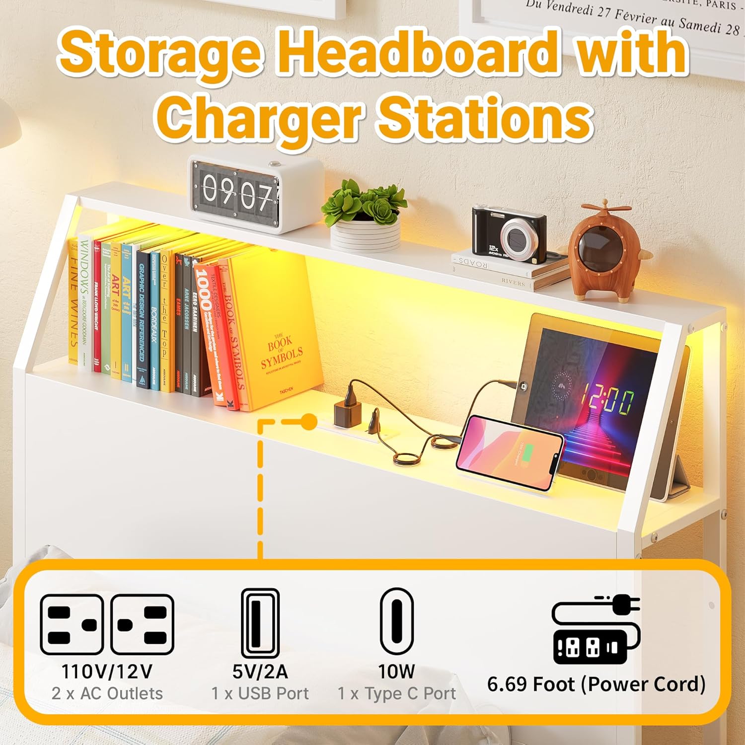 Weehom Twin Bed Frames, Modern Twin Size Bed Frames with Charging Station & LED Light, Twin Bed with Storage- 2-Tier Shelves, Foldable Side Shelf, No Box Spring Needed, White - Image 3