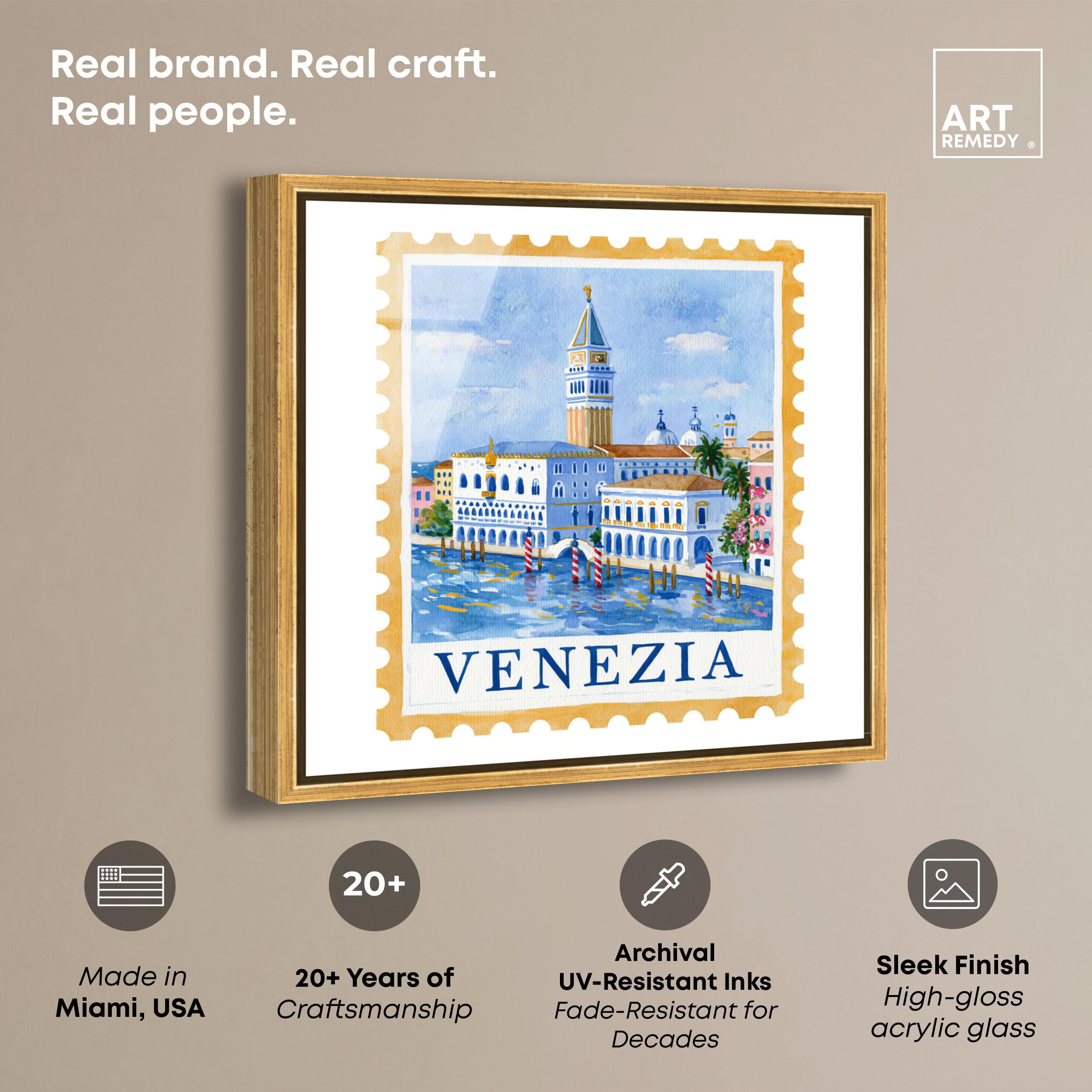 Art Remedy Venezia II Gerahmter Acryldruck, niedliches Poster, Wandkunst, goldener Rahmen, 61 x 61 cm