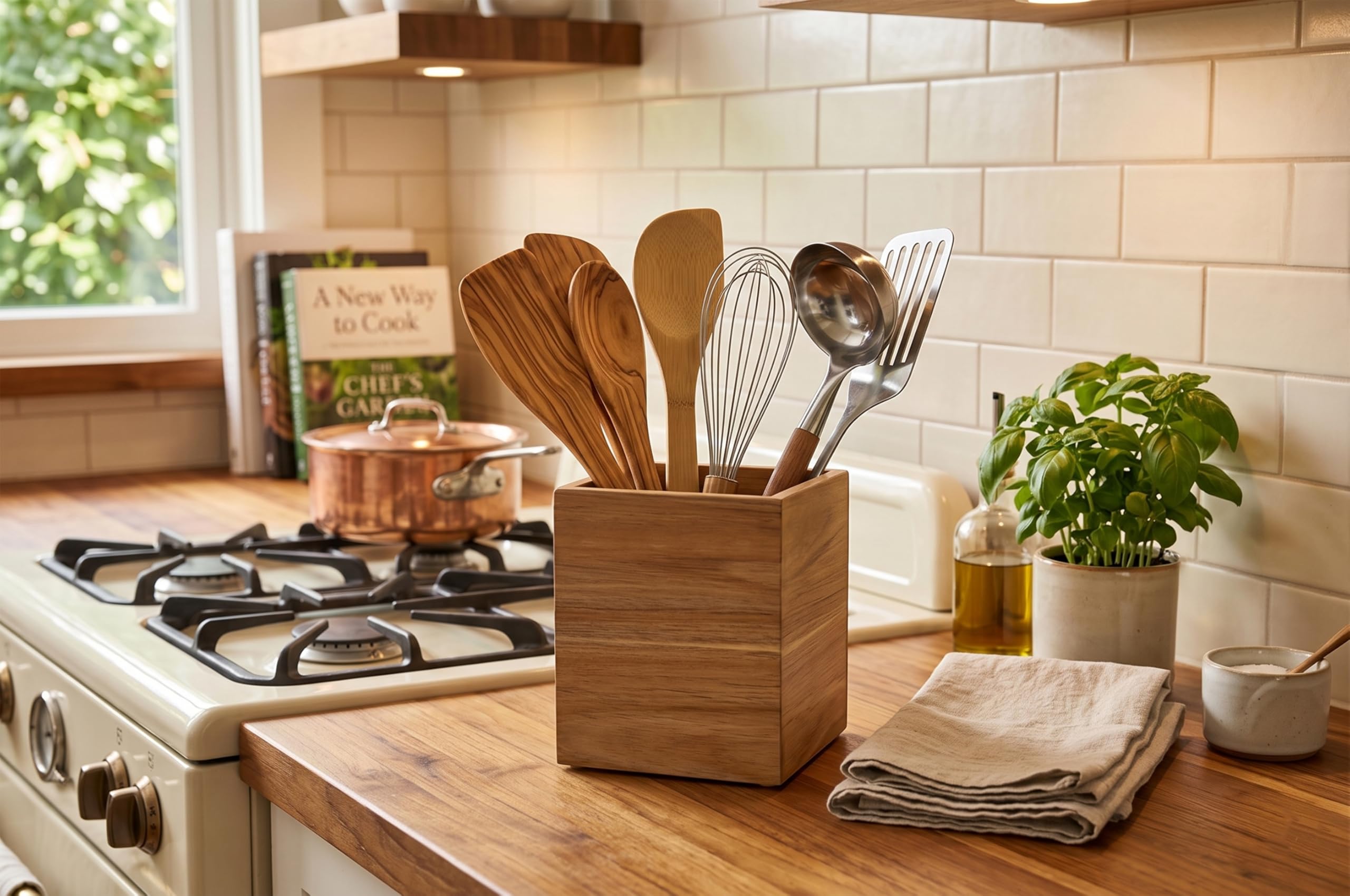 Porta posate in legno per utensili da cucina rustici, cucchiaio da coltello, spatola, cucchiaio per fessura, baguettes.Range coperto verticale, organizzatore di supporto per cucina,