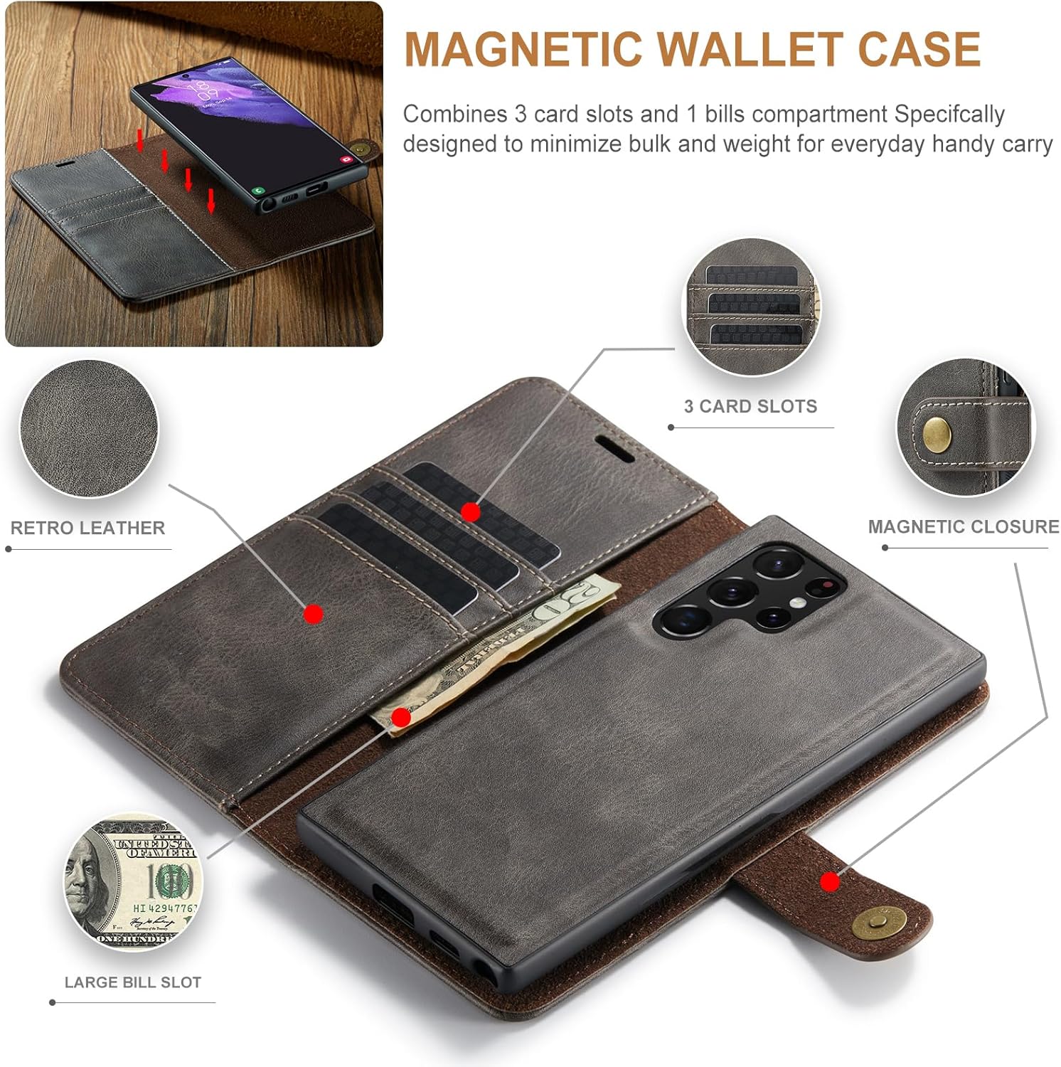 Asuwish Phone Case for Samsung Galaxy S22 Ultra 5G Wallet Magnetic Detachable Cell Cover with Tempered Glass Screen Protector Flip Card Holder Slot S22ultra 22S S 22 S22ultra5g 6.8 Women Girls Gray