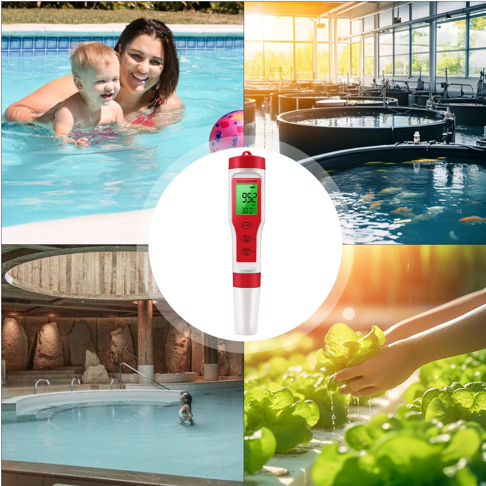 Medidor de pH para agua | Comprobador sensor EC | Instrumento digital 4 en 1 con calibración temp y calibración automática para resultados precisos rápidos | Monitorización del pH 'agua para