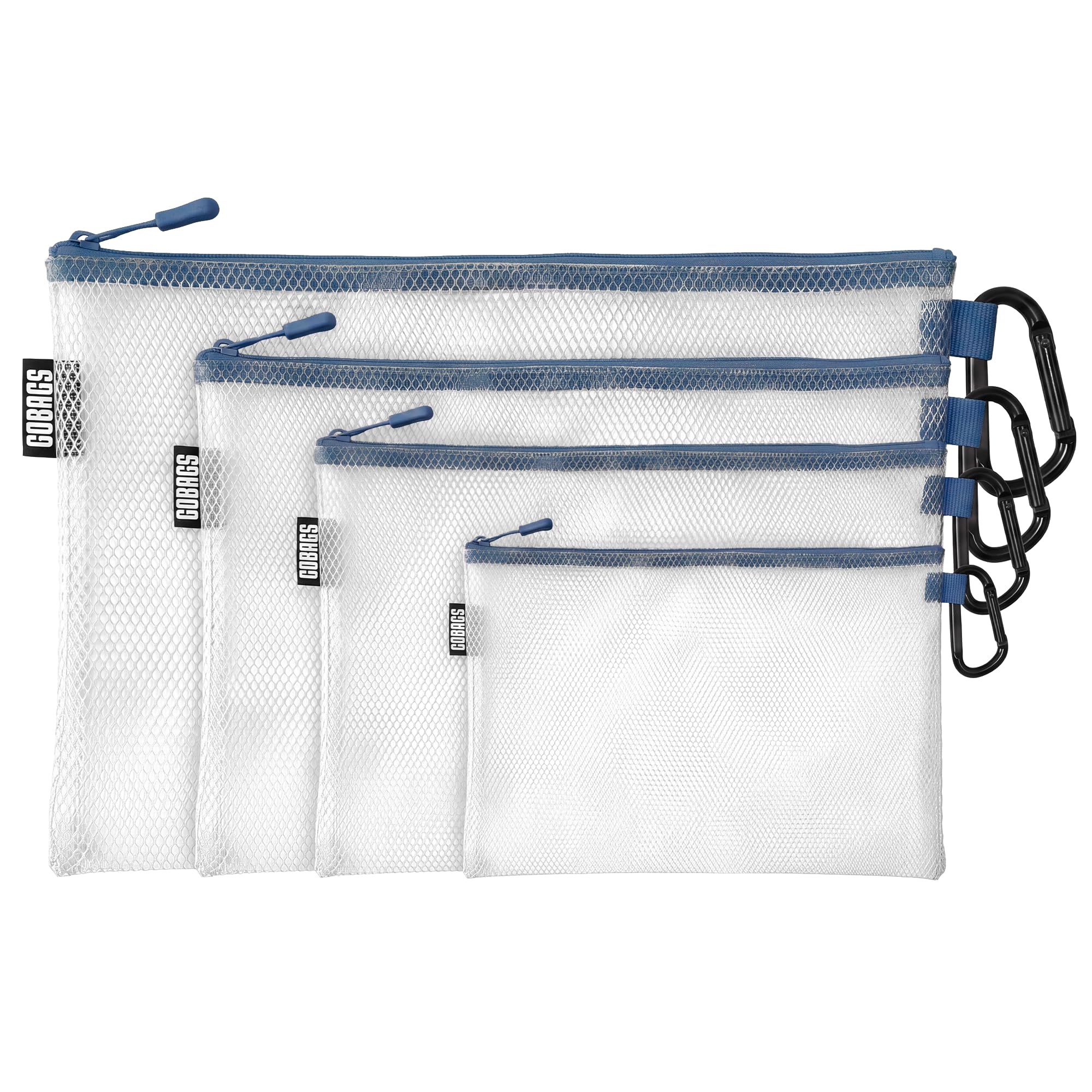 GOBAGS Air Production Multi-Size Clear Zipper Pouch (4-Pack) – Cable Organizer & Travel Gear Bag for Electronics, Camera Accessories, Tool Pouch & Small Tech Storage (Navy)