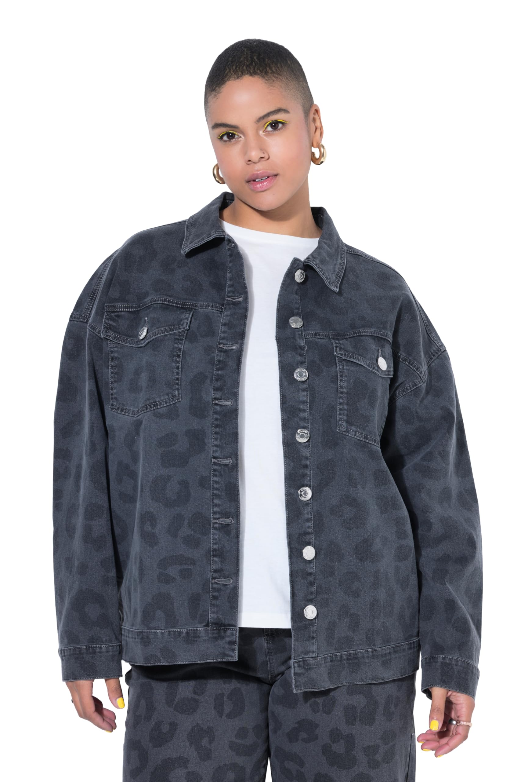 Studio Untold Damen große Größen Übergrößen Plus Size Jeansjacke, Oversized, Grey-Denim mit Leo 848135