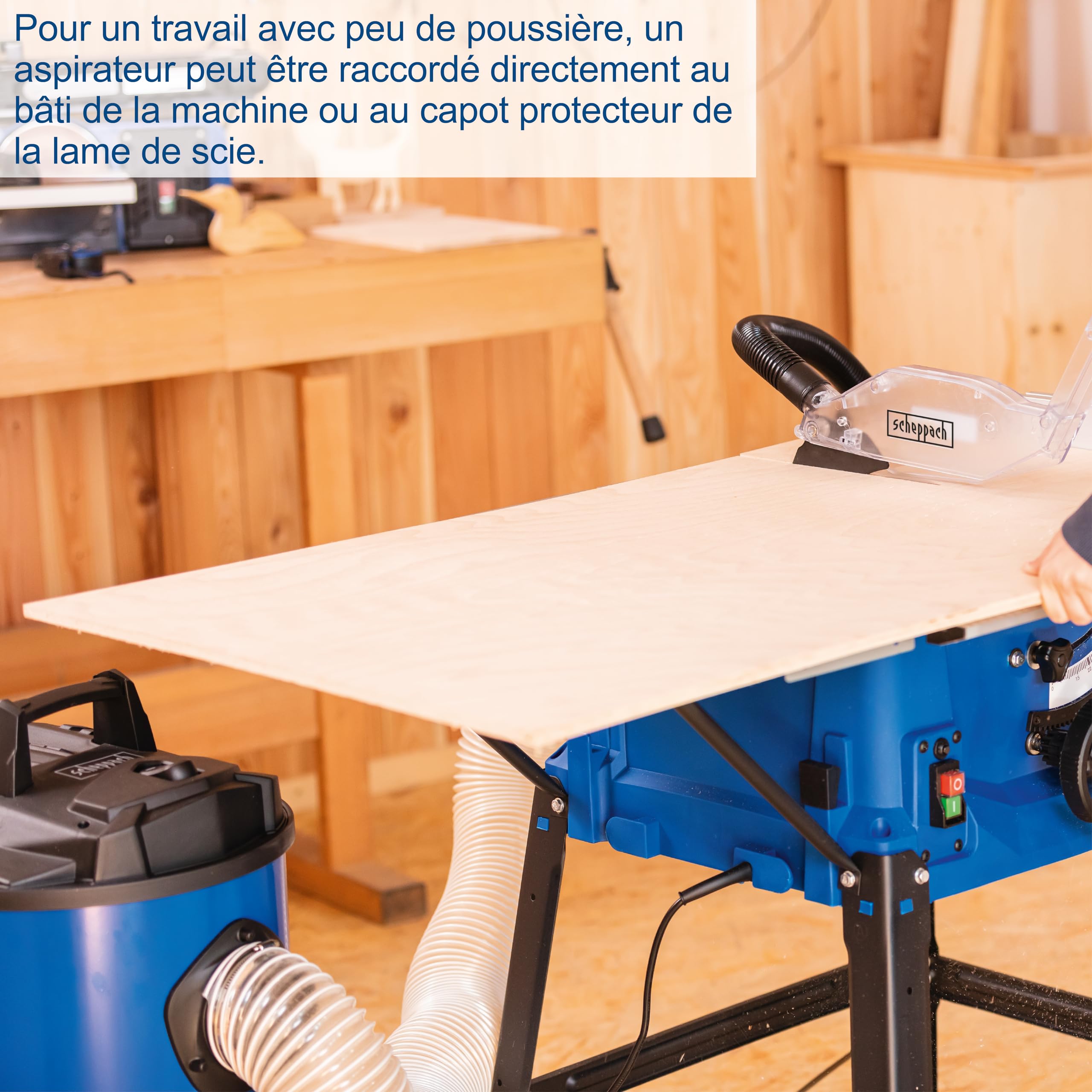 Scheppach Scie circulaire sur table HS100S | Puissance 2000W | Lame Ø 250x30 mm | Hauteur de coupe max. 85 mm | Dimensions de la table 940x642 mm | Lame de rechange supplémentaire
