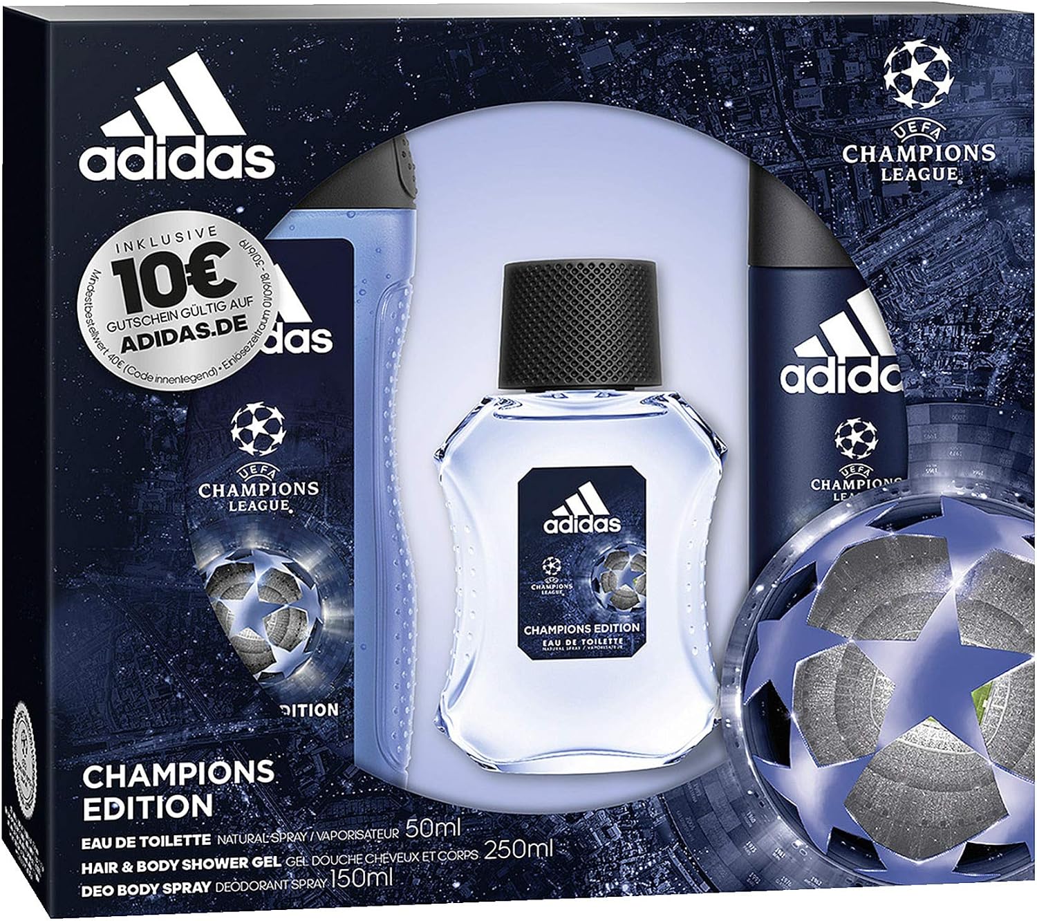 adidas Aroma Juego UEFA League Champions Edition Eau de Toilette 50 ml +  Desodorante Spray 150 Ml + Show ergel 250 ml + Voucher, 450 ml : Amazon.es:  Belleza