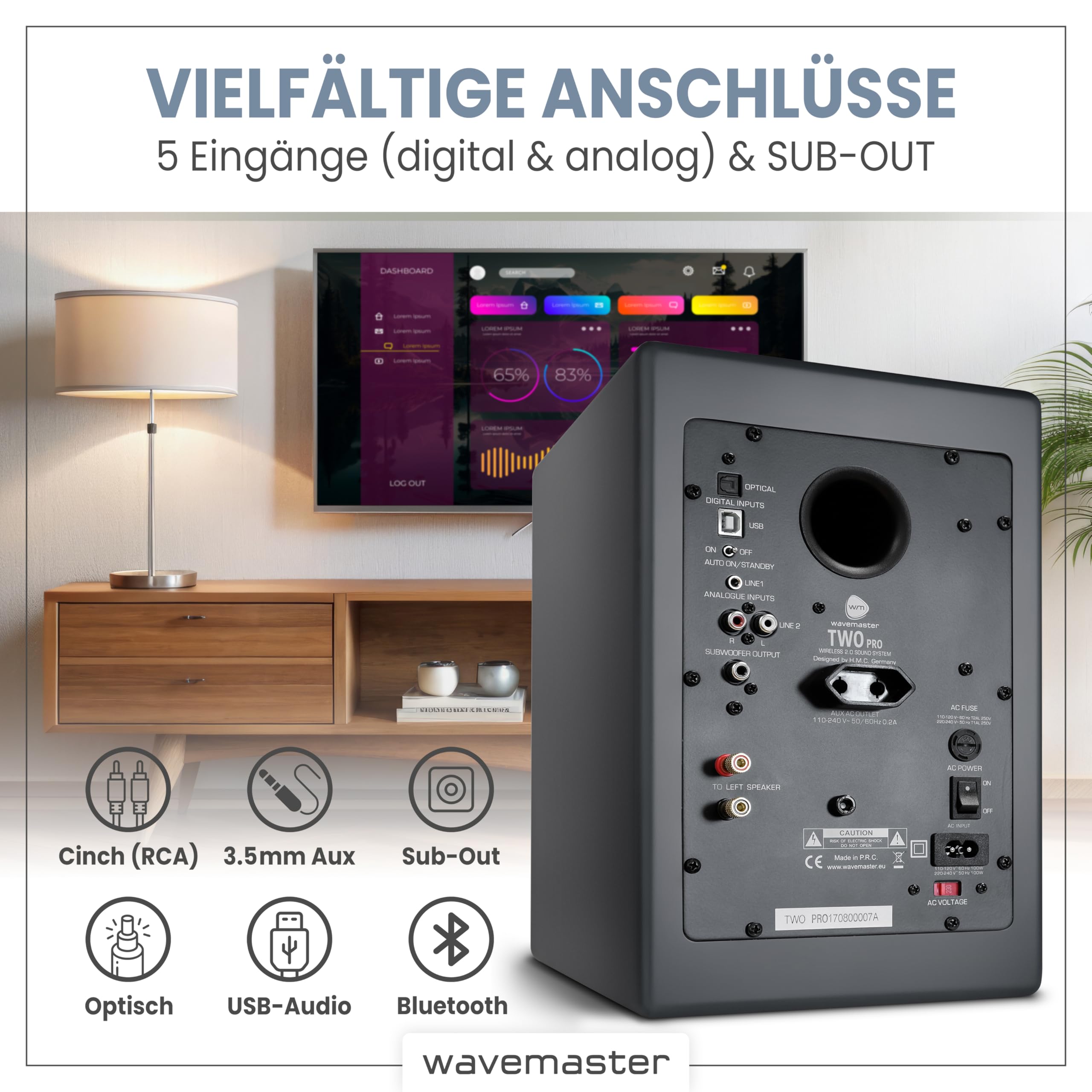 Wavemaster TWO PRO Stone Gray Aktiv-Boxen 110 Watt Bluetooth Lautsprecher-System mit IR-Fernbedienung