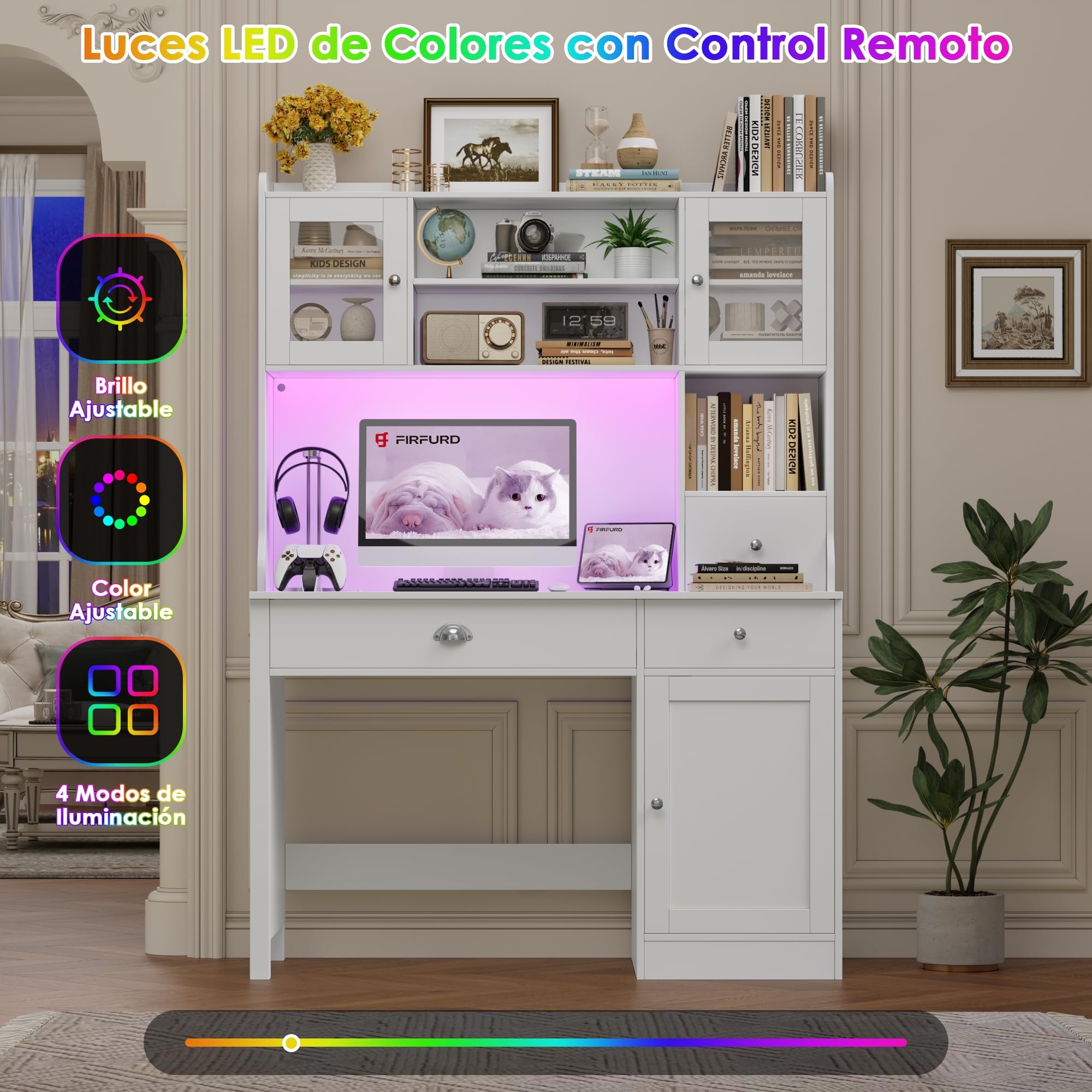 FirFurd LED Mesa Escritorio con Estantería Ajustable 3 Cajones, 3 Puertas