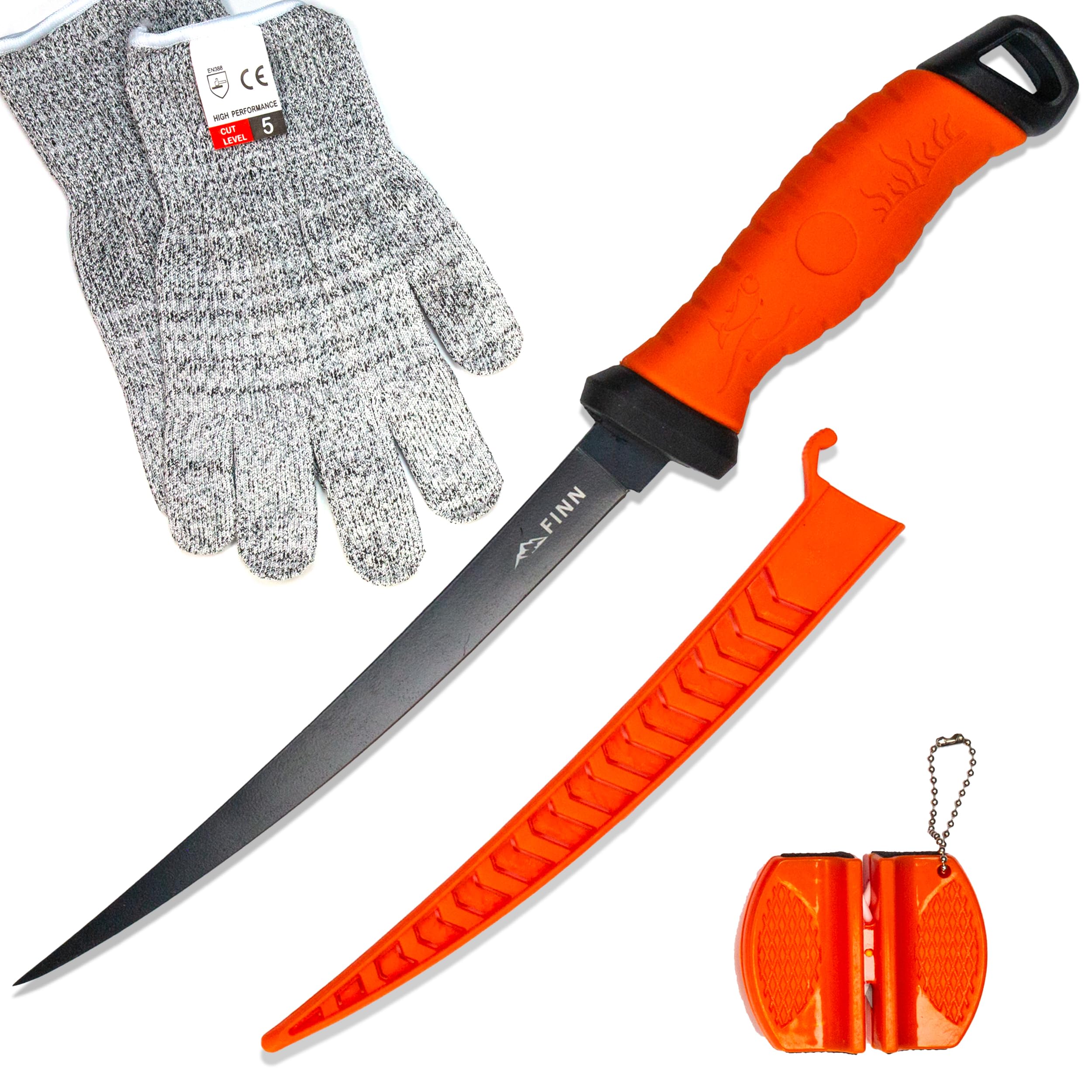 Filetiermesser Set Edelstahl Angelmesser, Fischmesser, Küchenmesser, Ausbeinmesser mit 2in1 Messerschärfer, scharfes Messer zum Angeln & Filetieren, Schnittschutzhandschuhe (orange)