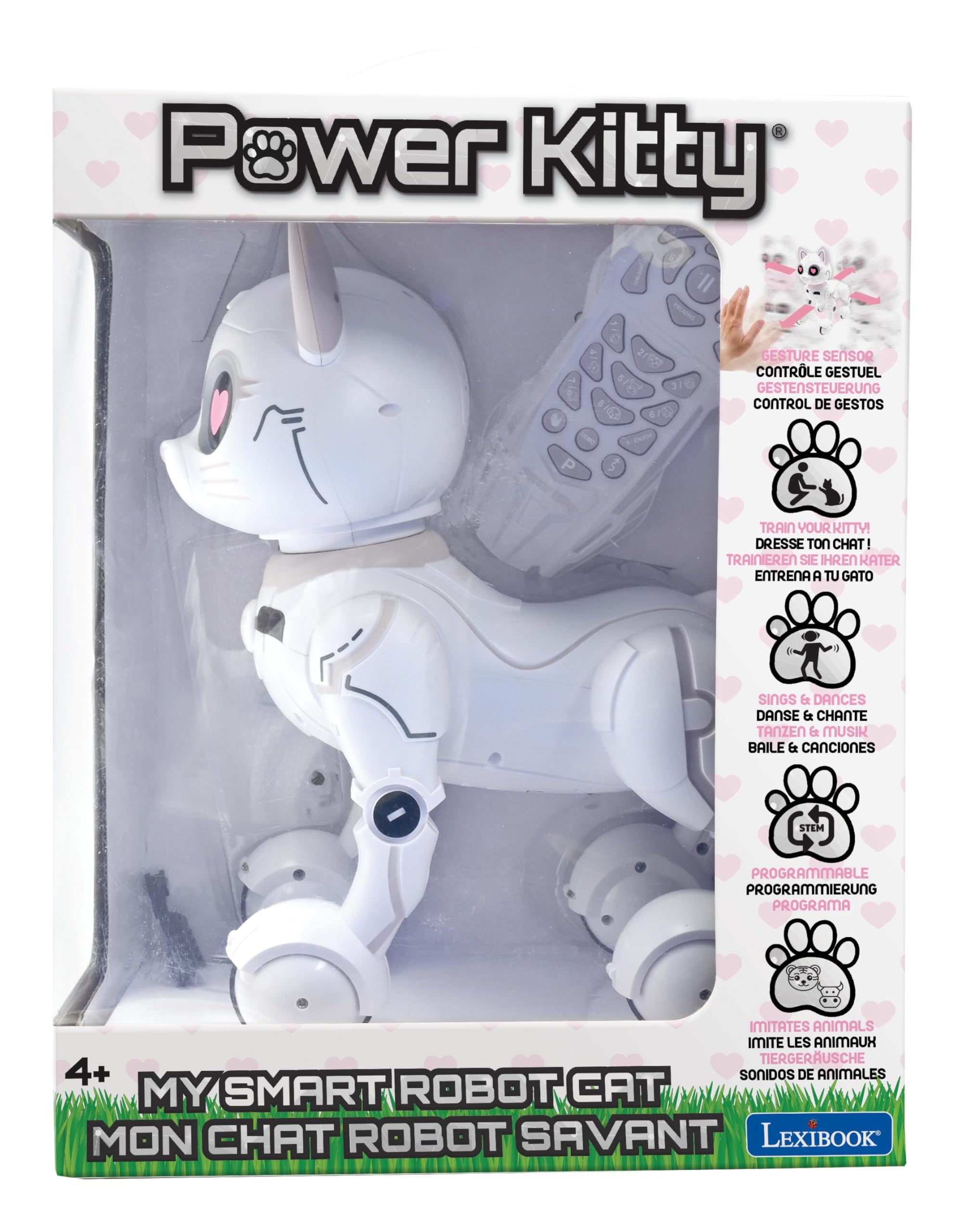Lexibook - Power Kitty® - Gatto Robot telecomandato, Robot Intelligente programmabile, Luce, Suono, Bianco/Rosa - KITTY01LXB