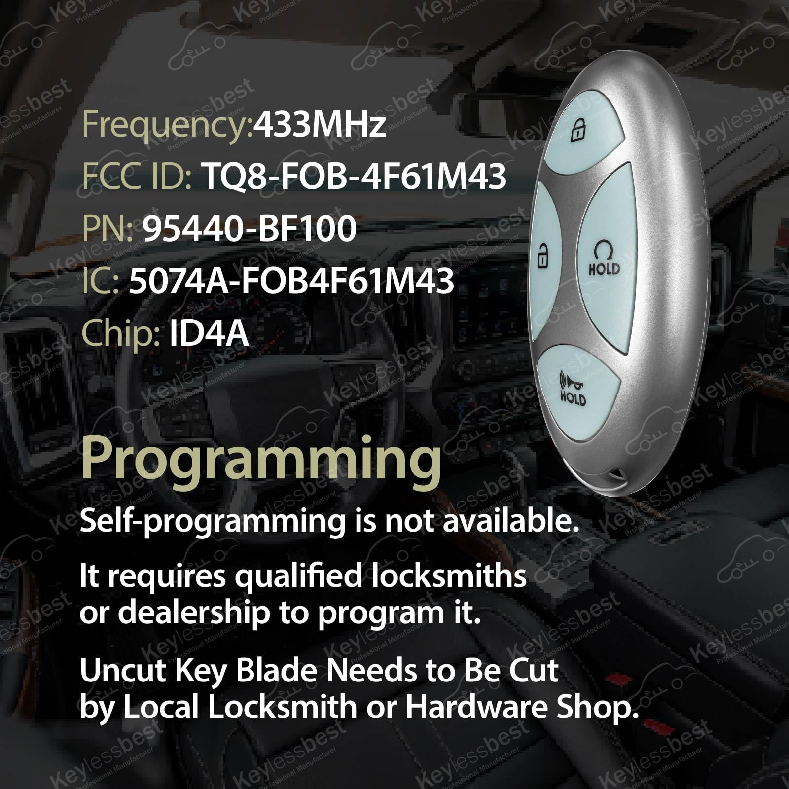 Ricambio per telecomando Hyundai Kona 2024 95440-BF100 4 pulsanti 433 MHz