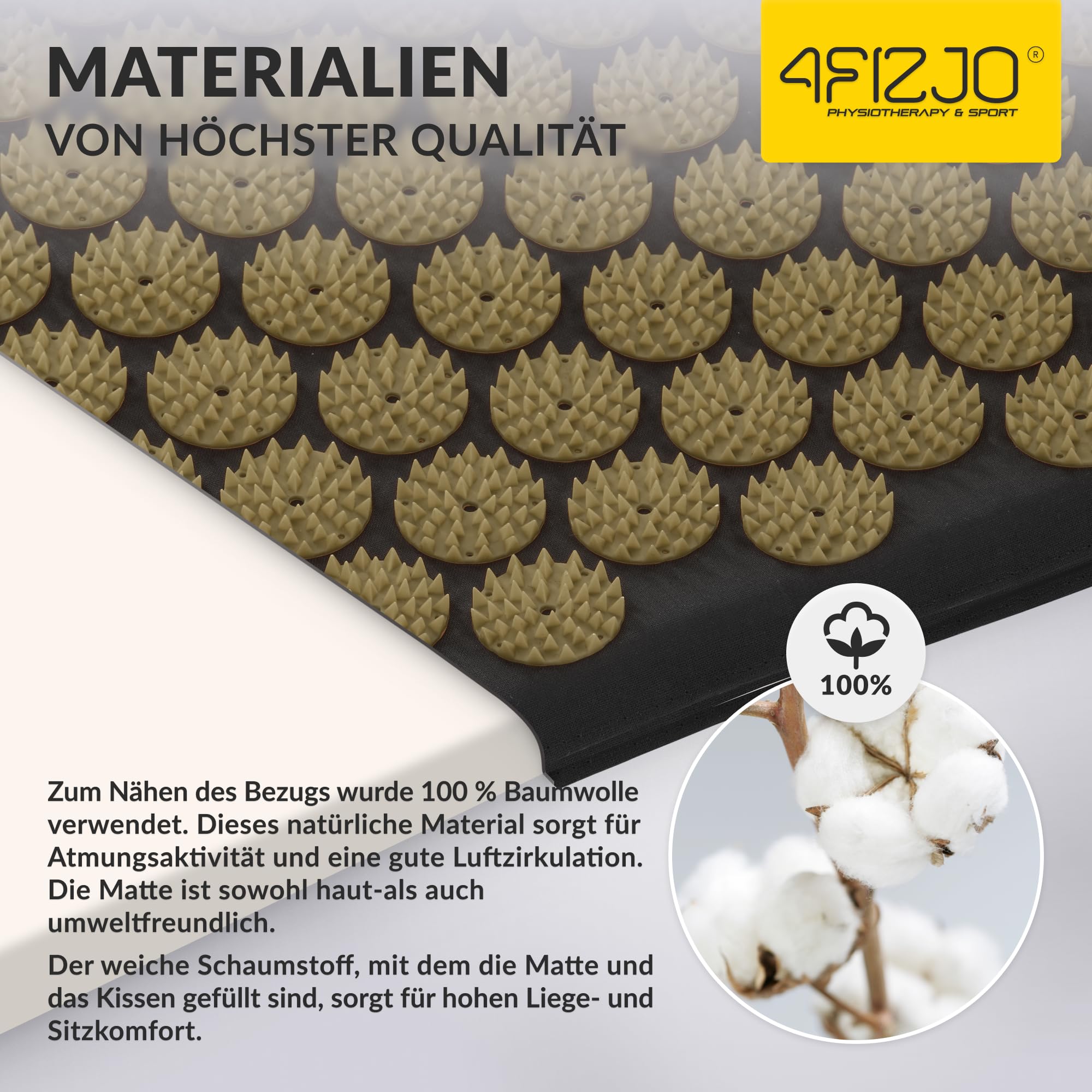 4FIZJO Akupressurmatte & Kissen XL, 110x42x2 cm, mit Tragetasche, Polyurethanschaum, Hypoallergen, 15330 Stacheln, Massagematte für bessere Durchblutung, Muskeln Entspannung, Farbe: Schwarz und Gelb