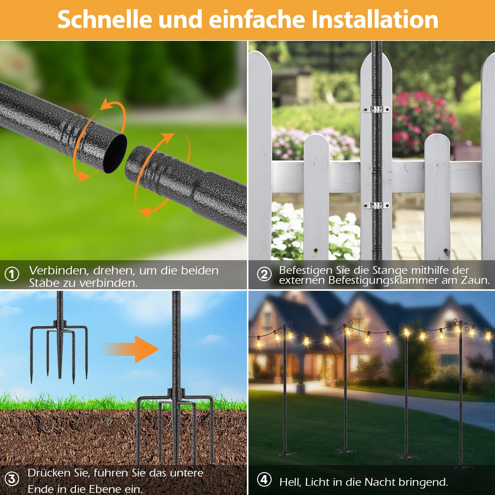 StarryEver Schäferhaken Garten Stangen mit 4-Haken, 2 Stück 3m Höhenverstellbar Heavy Duty Metall Gartenstecker mit Hammerfinish-Oberfläche,Laternenhalter für Laternen Solarleuchten Lichterkette