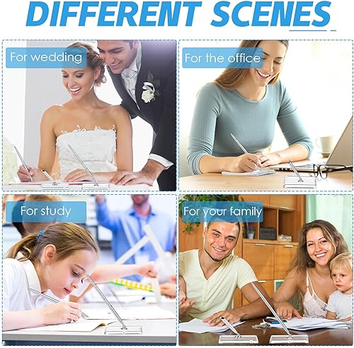 Miniatura 7 de Chinco 2 juegos de bolígrafo y soporte plateado para invitados, incluye 2 bolígrafos de metal plateado para escribir con repuesto negro, 2 soportes