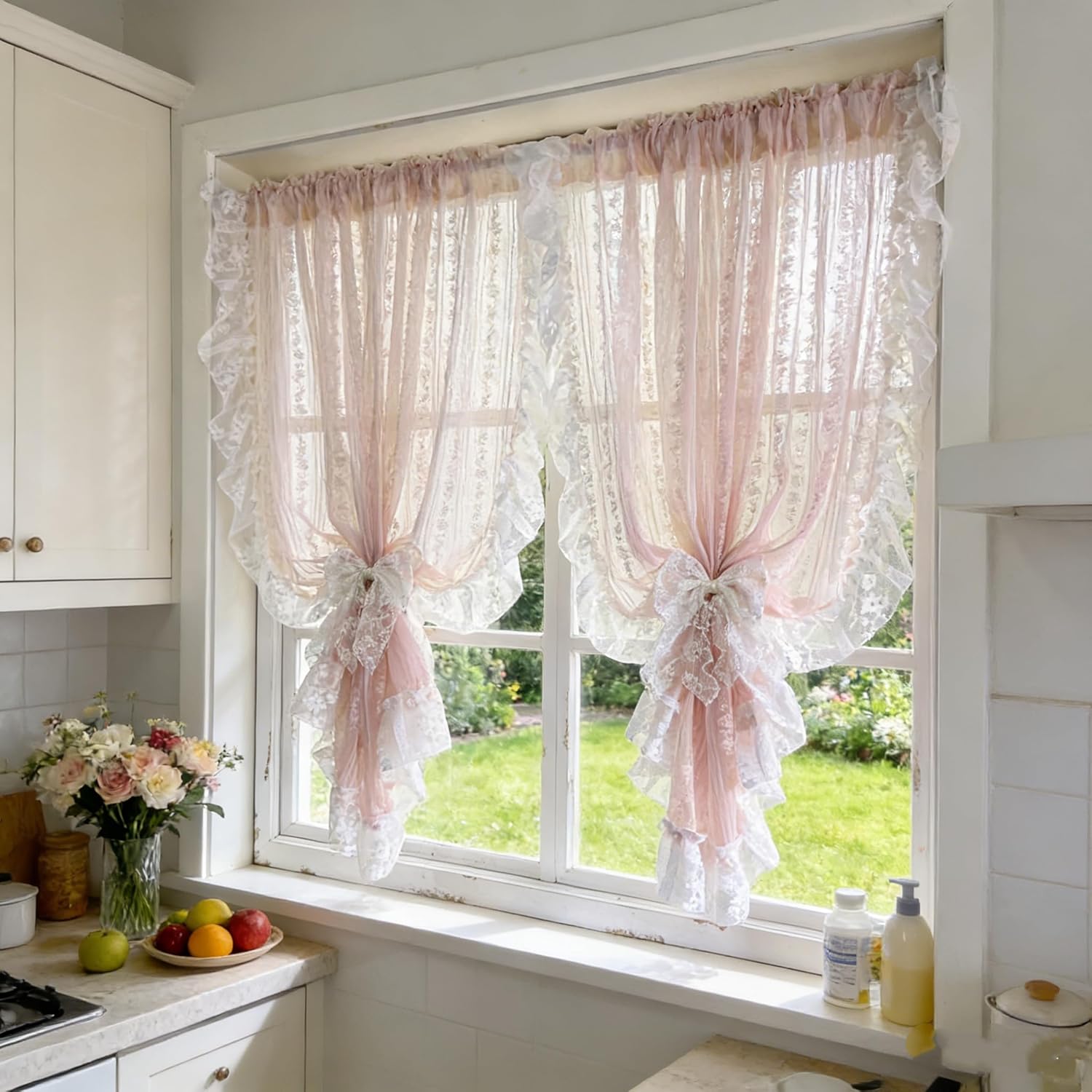 Floral Embroidery Sheer Lace Curtain with Ruffle Trim Romantic Gauze Curtains for Girl's Bedroom Living Room Rod Pocket Top 2 Panels (Pink,W59 x L63 inches)