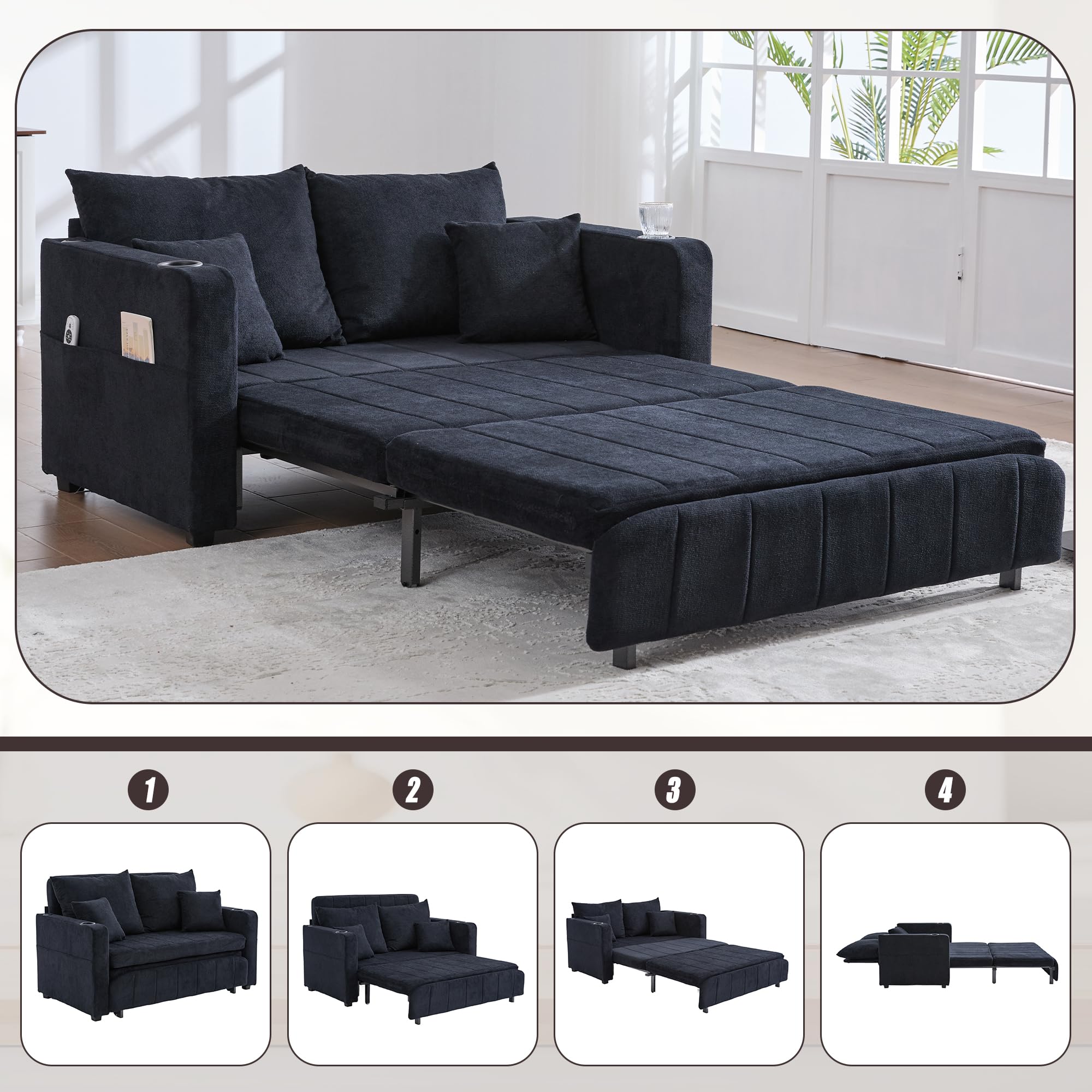 Sofá de dos plazas con función de dormir, sofá cama extensible, sofá plegable multifuncional, con bolsa de almacenamiento, portavasos y 4 cojines, sofás pequeños para espacios pequeños, color negro