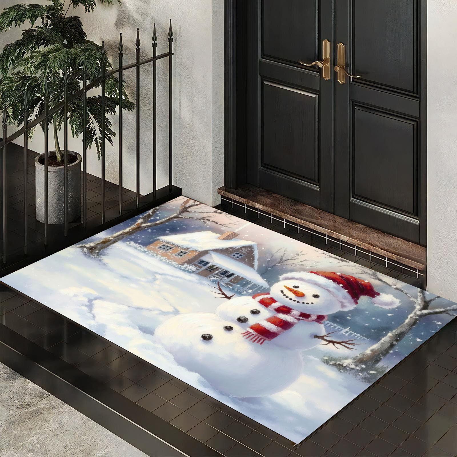 Schmutzfangmatte Innen 80x120cm, Schneemann-Holzhaus Waschbare rutschfeste Fußmatte, Retro-Winter-Schneeszene Fußmatte Eingangstürmatte für Haustür Flur Innenbereich, Weiß