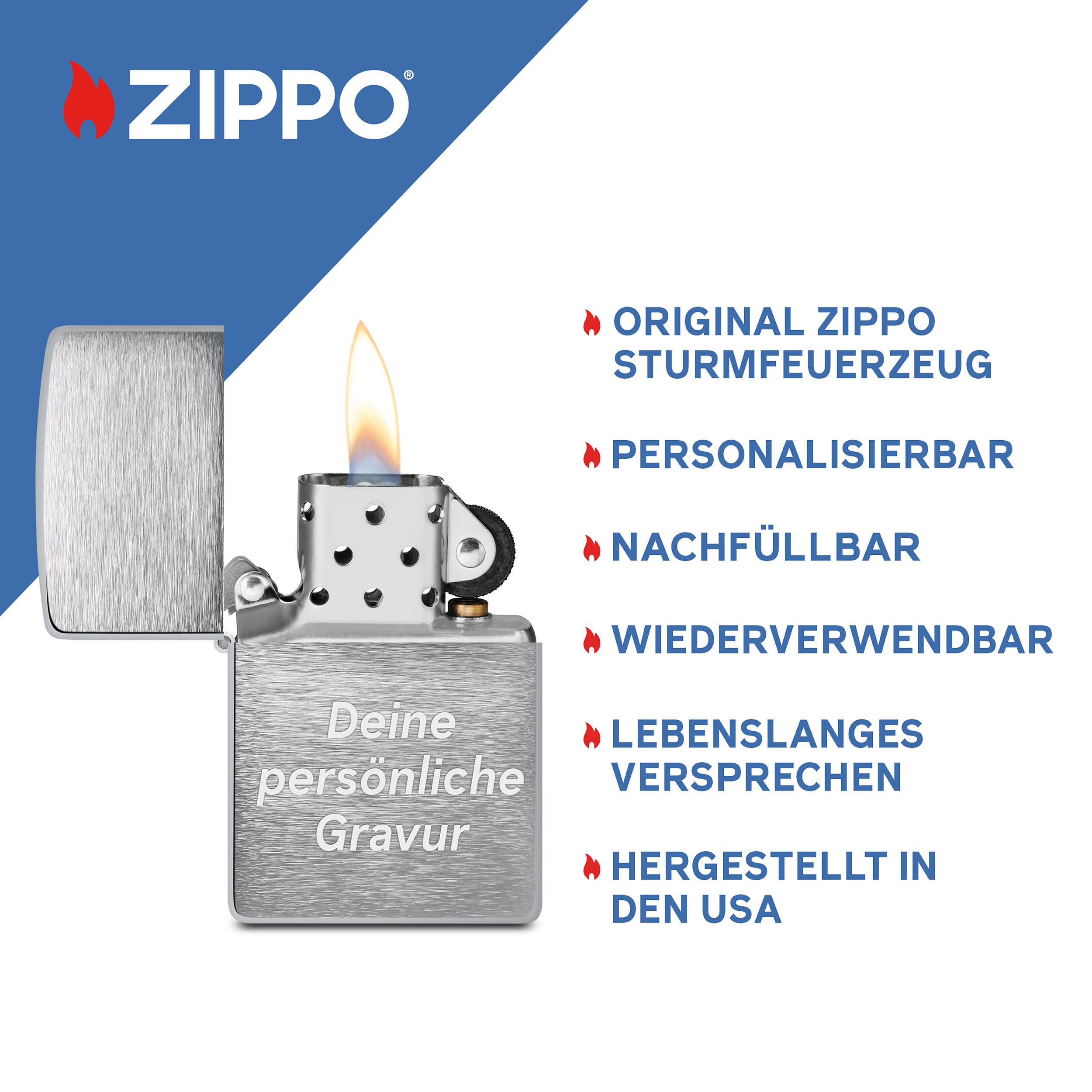 Zippo Sturmfeuerzeug mit Gravur – Brushed Chrome – Personalisiert mit Wunschtext – Nachfüllbar - Wiederverwendbar – Windfest