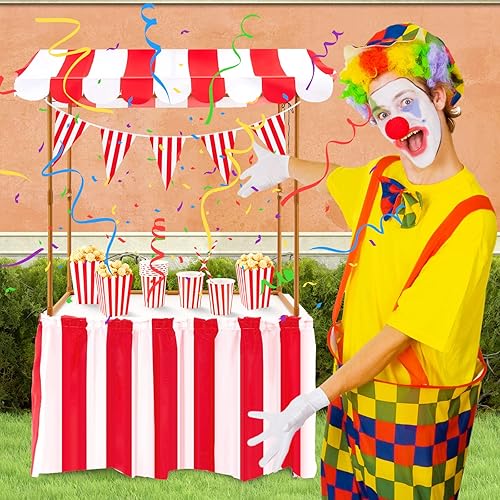 Miniatura 5 de Meooeck Kit de decoración de soporte de concesión de circo de carnaval, falda de mesa y banderín a rayas rojas y blancas con cajas de palomitas de
