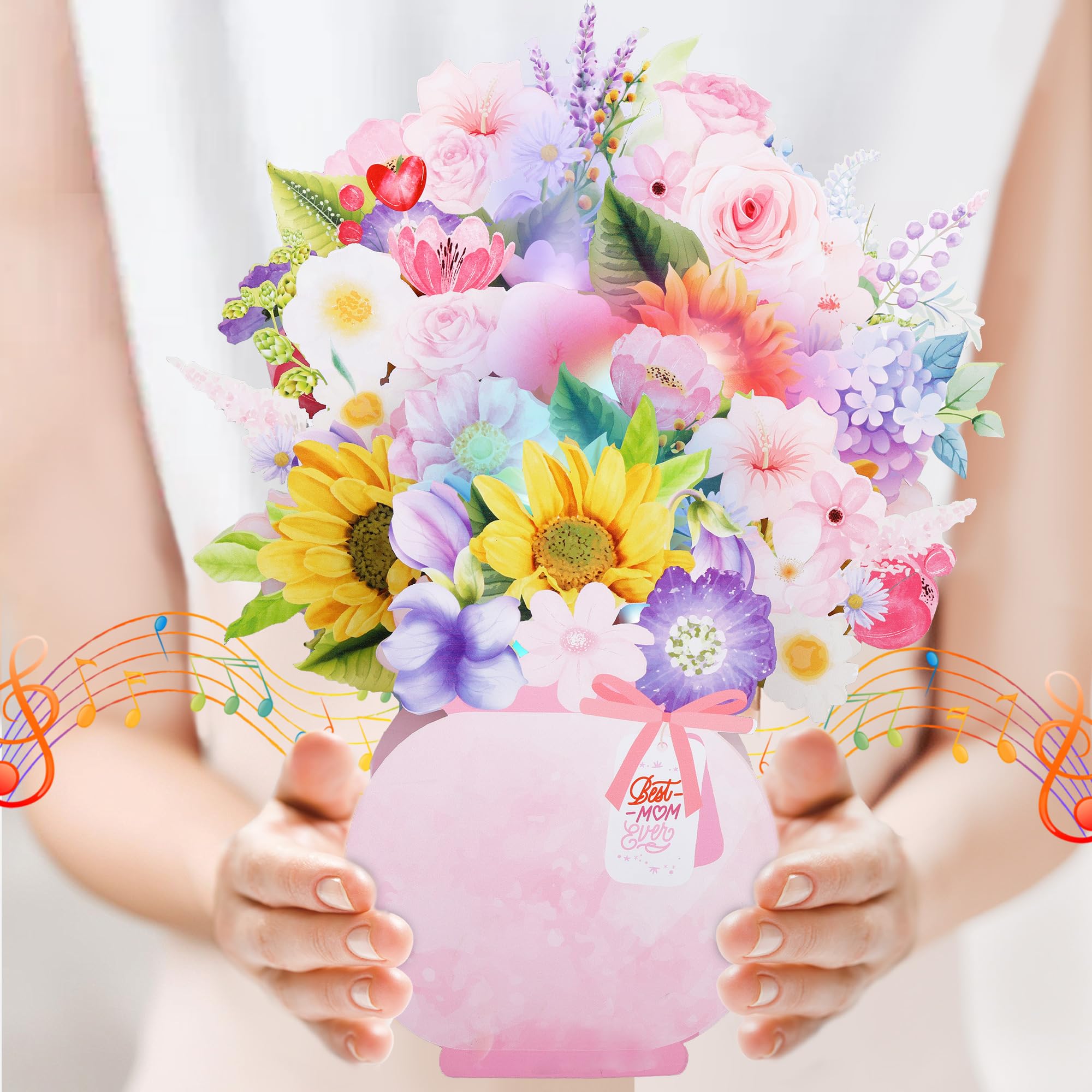 Tarjeta Emergente 3D Para El Día De La Madre, Ramo Flores Surtidas Con Luz Musical, Felicitación Floral Decorativa, Sobre Y Notas En , Perfecta Cumpleaños, Blanco