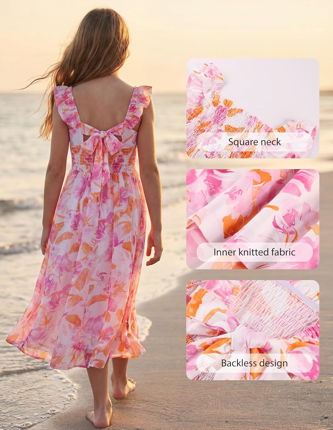 GRACE KARIN Girls Hawaiian Floral Smocked Dresses, Girl Flutter Sleeve Spring Summer Dress, Kids Easter Maxi Long Dresses