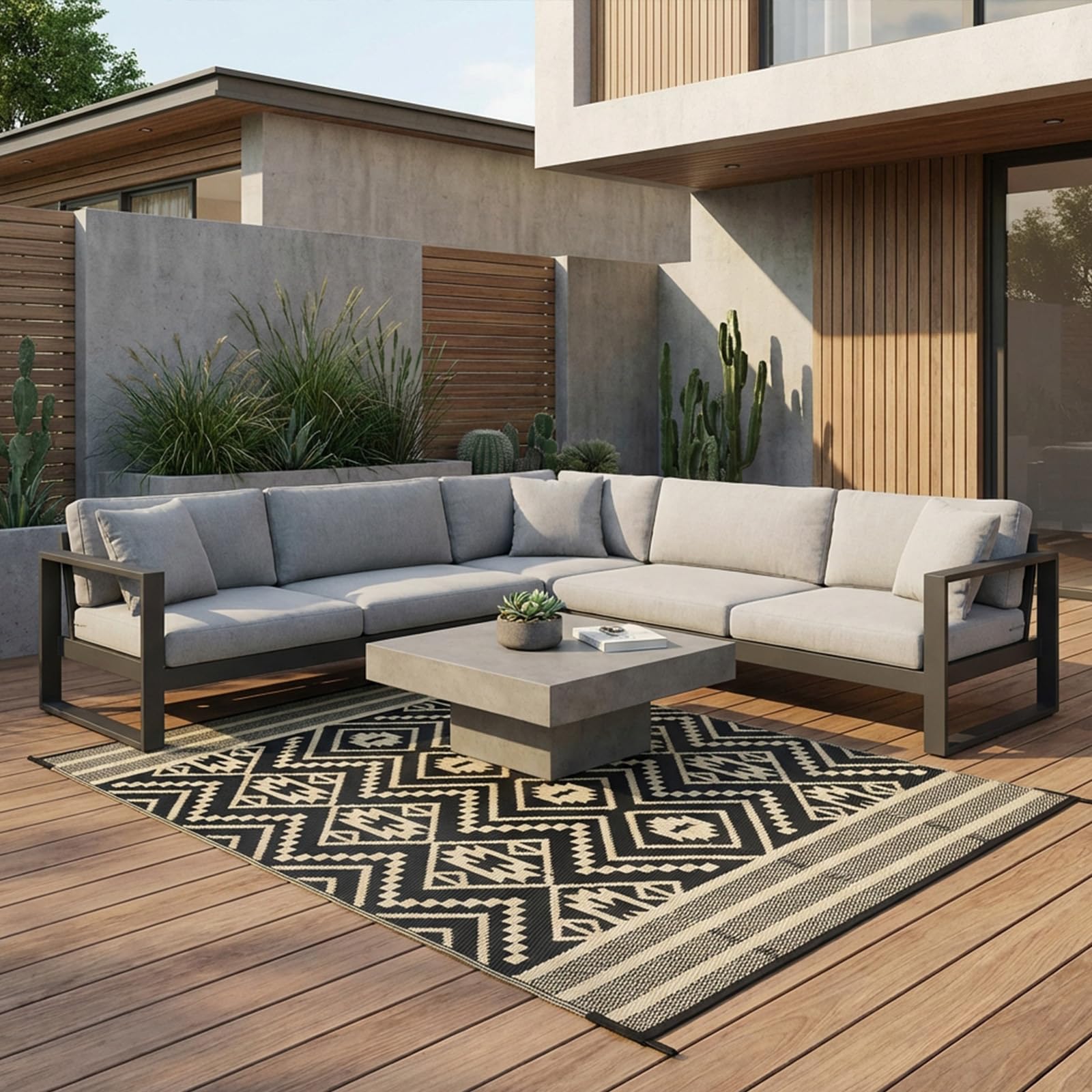 Hiseng Tapis d'extérieur Imperméable Terrasse Balcon, Rétro Bohème Tapis de Sol Réversible en Plastique Résistant aux Intempéries aux UV pour Jardin, Camping, Pique-Nique (Noir,72x108in)