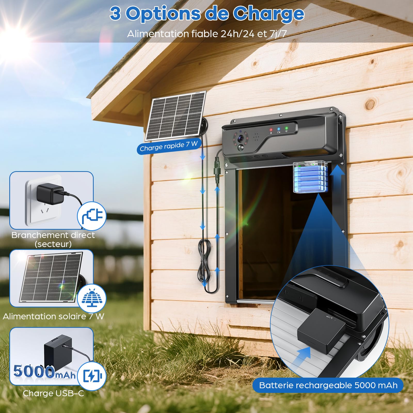 Porte Poulailler Automatique avec Caméra WiFi et Application, Porte à Enroulement Gain de Place pour Poulailler, Recharge Solaire, Contrôle à Distance, Minuterie, Anti-pincement