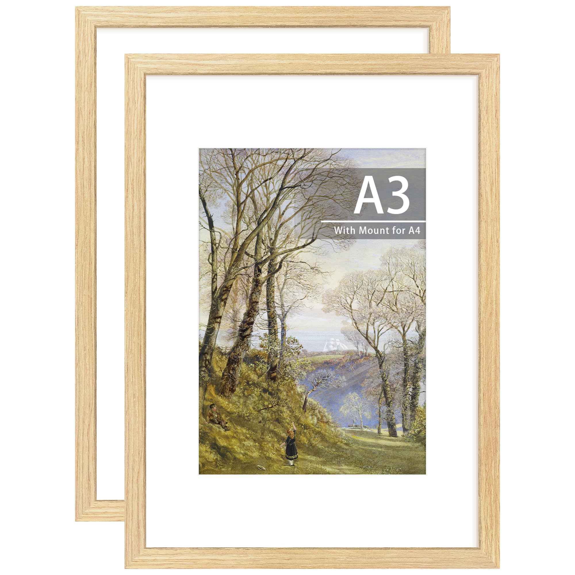 Tinkeps 2 Pack A3 Oak Picture Frame, 100% Solid Wood and Plexiglass, A3 Frame with Mount for A4 Prints, Photos, and Posters, Wall Mountable