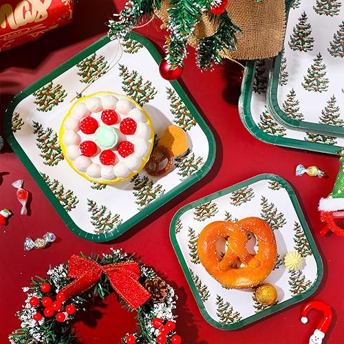 Miniatura 5 de Layhit Juego de 80 platos de papel de Navidad a granel de 7 x 9 pulgadas, juego de platos cuadrados desechables de Navidad, árbol de Navidad, cena,
