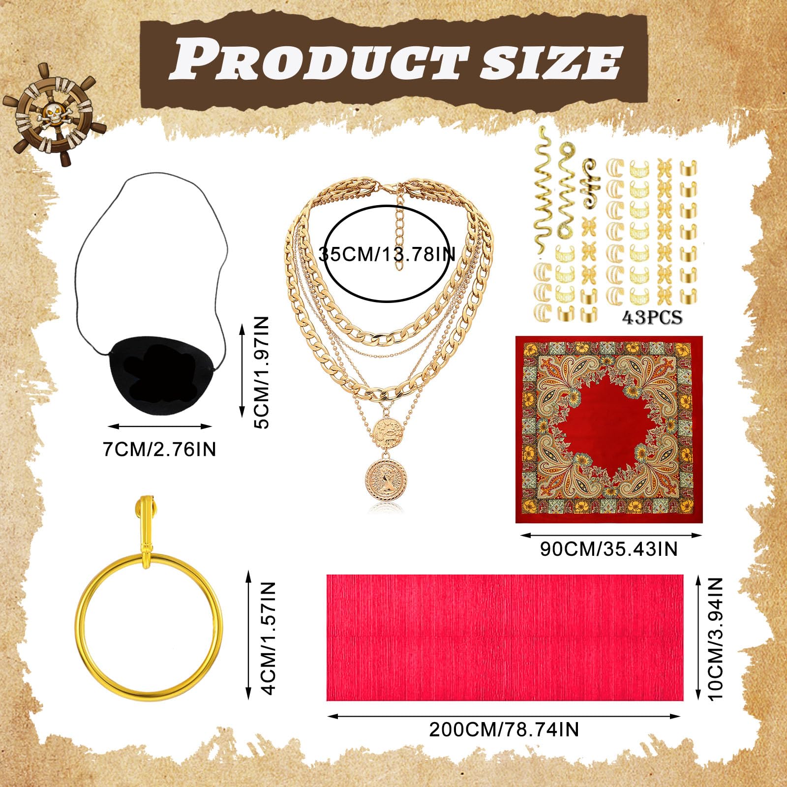 Dazzroi 49 Pcs Pirate Costume Accessories Set for Women Pirate Cosplay Outfit with Red Headscarf Sash Belt Golden Earring Necklace Hair Extension Ring Eye Patch for Halloween Party World Book Day - Image 2