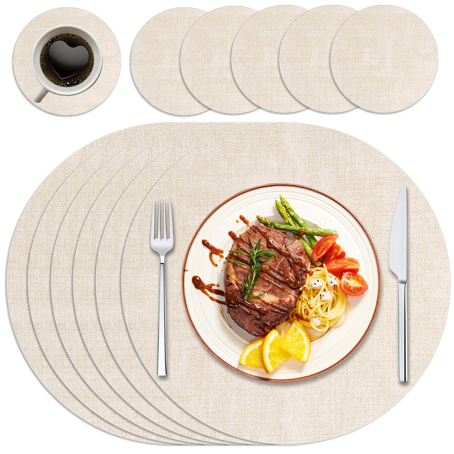 Sets de table ronds Purejoy en cuir synthétique beige avec dessous de verre assortis