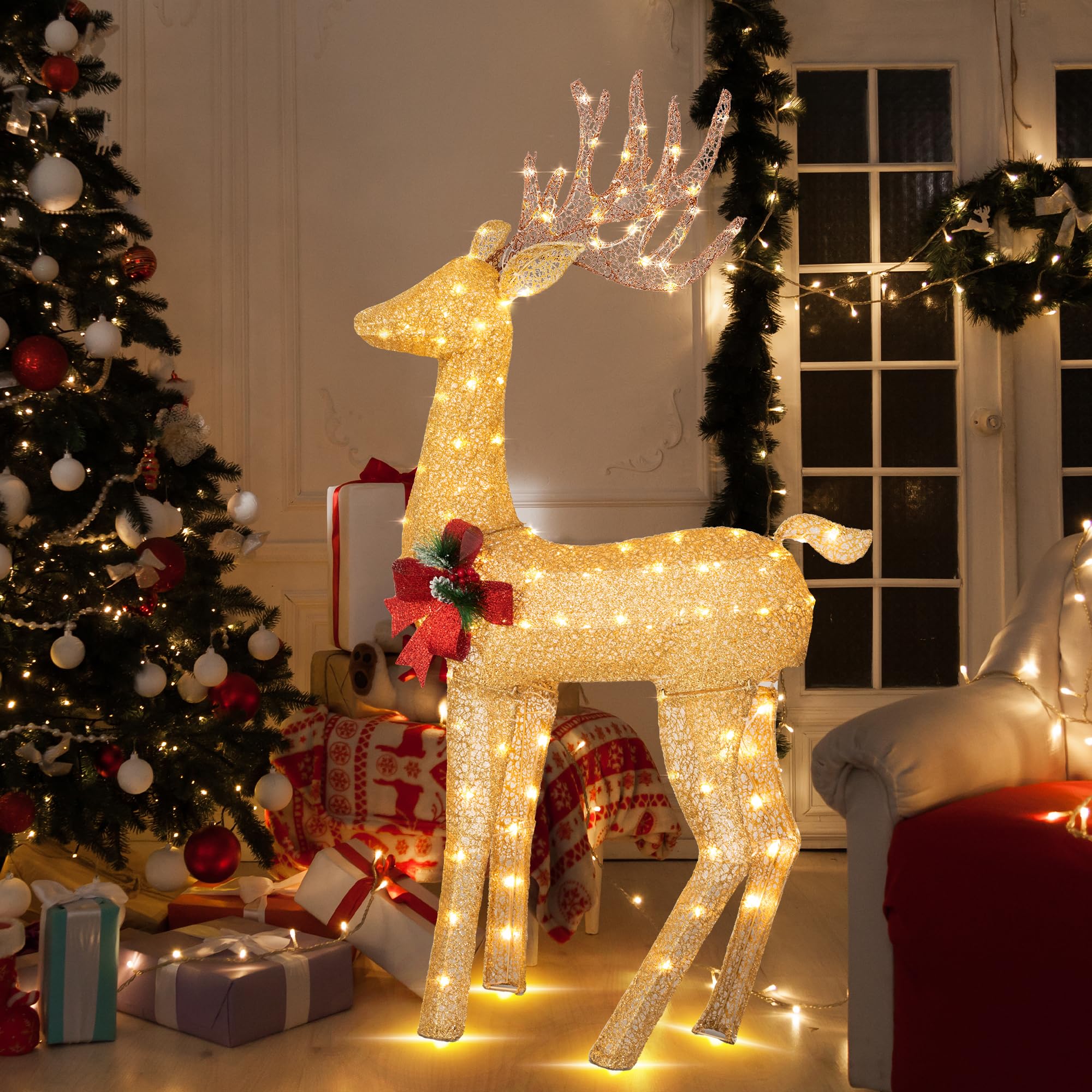 Shintenchi Lighted Christmas Deer, Outdoor Indoor Decoration with 100 LED Lights, Zips, Tiers for Home Holiday Decor Pre-lit Glittered Standing Ornaments for Garden Patio Lawn Front Door