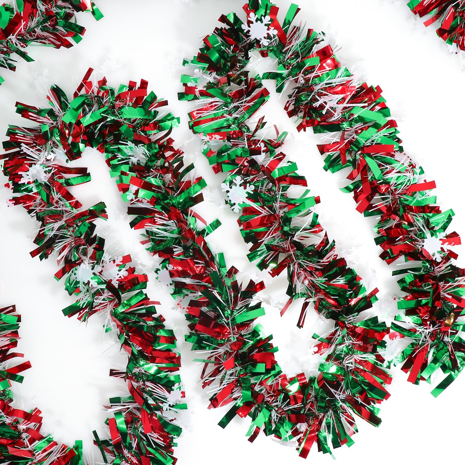 50 Feet Green Red Christmas Metallic Tinsel Twist Hanging Garland with Snowflake for Home Mantle Xmas Tree Staircase Railing New Year Holiday Party Indoor Outdoor Decorations 50 Feet Green Red Christmas Metallic Tinsel Twist Hanging Garland with Snowflake for Home Mantle Xmas Tree Staircase Railing New Year Holiday Party Indoor Outdoor Decorations